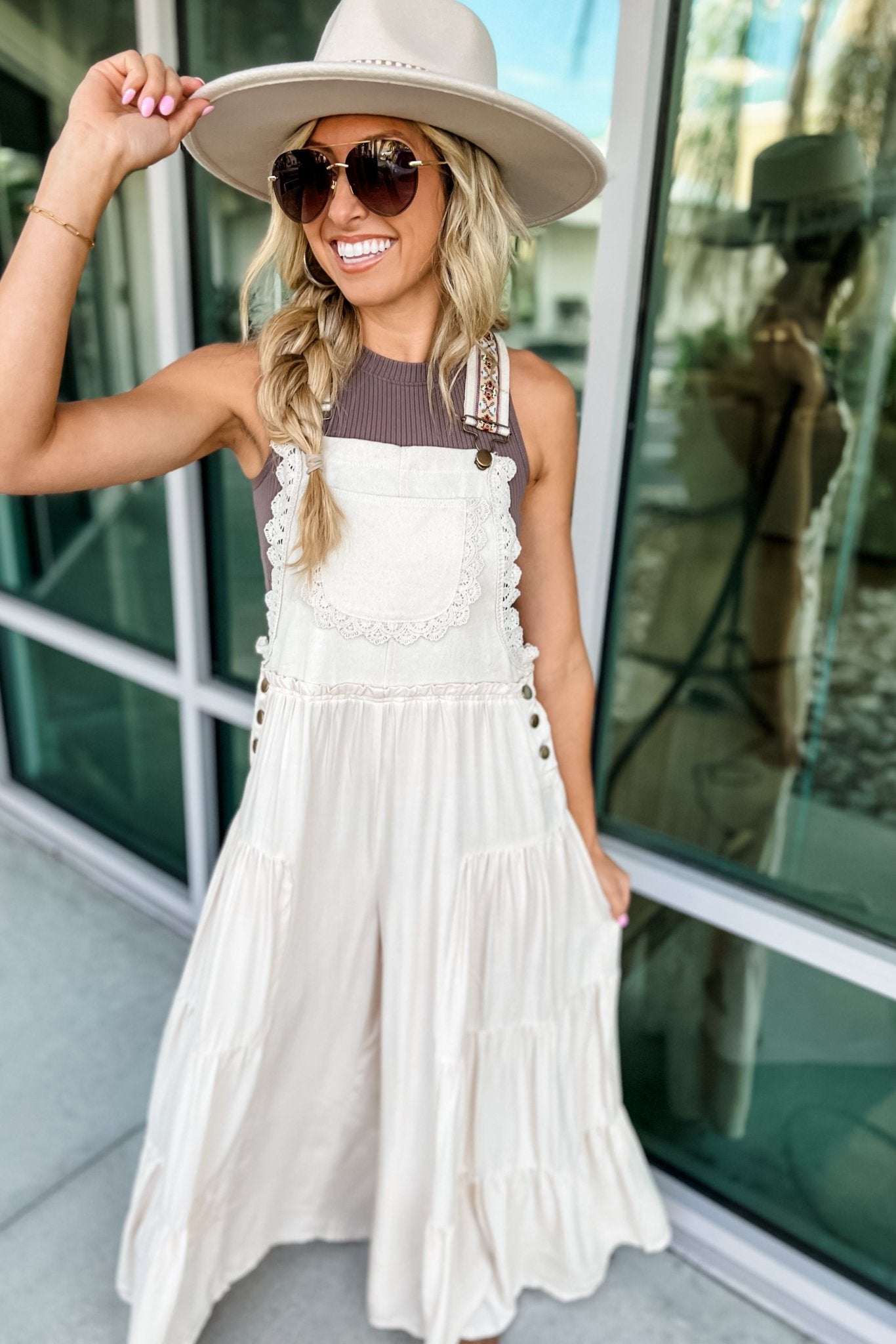 (PREORDER Ships Mid April) Premium Free Spirit Lace Trim Wide Leg Overalls in Oatmeal