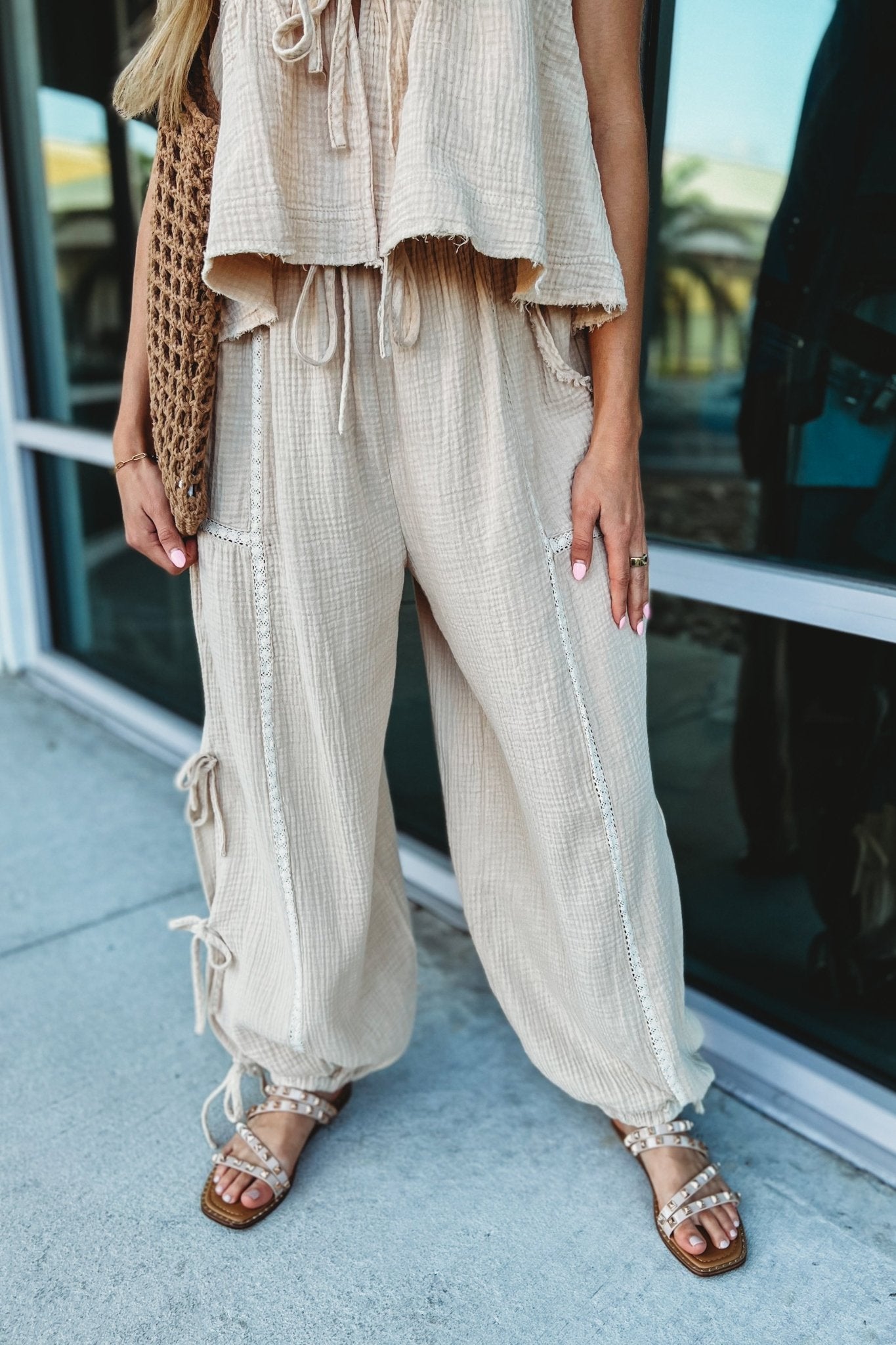 Premium Luna Mineral Washed Ribbon Tie Pants in Oatmeal - Ultimate Comfort & Style