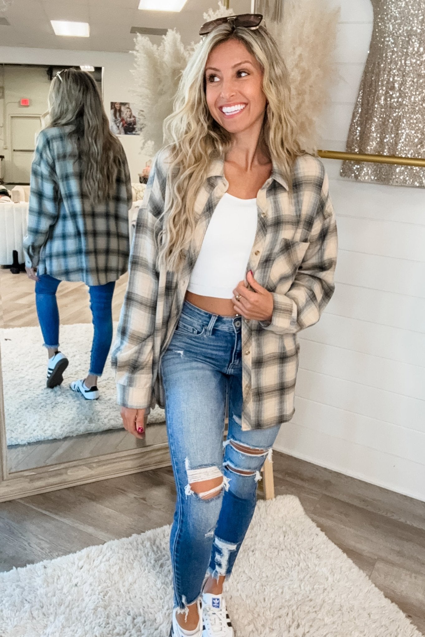 Premium True to Myself Beige Blue Plaid Top - Ultimate Casual Comfort