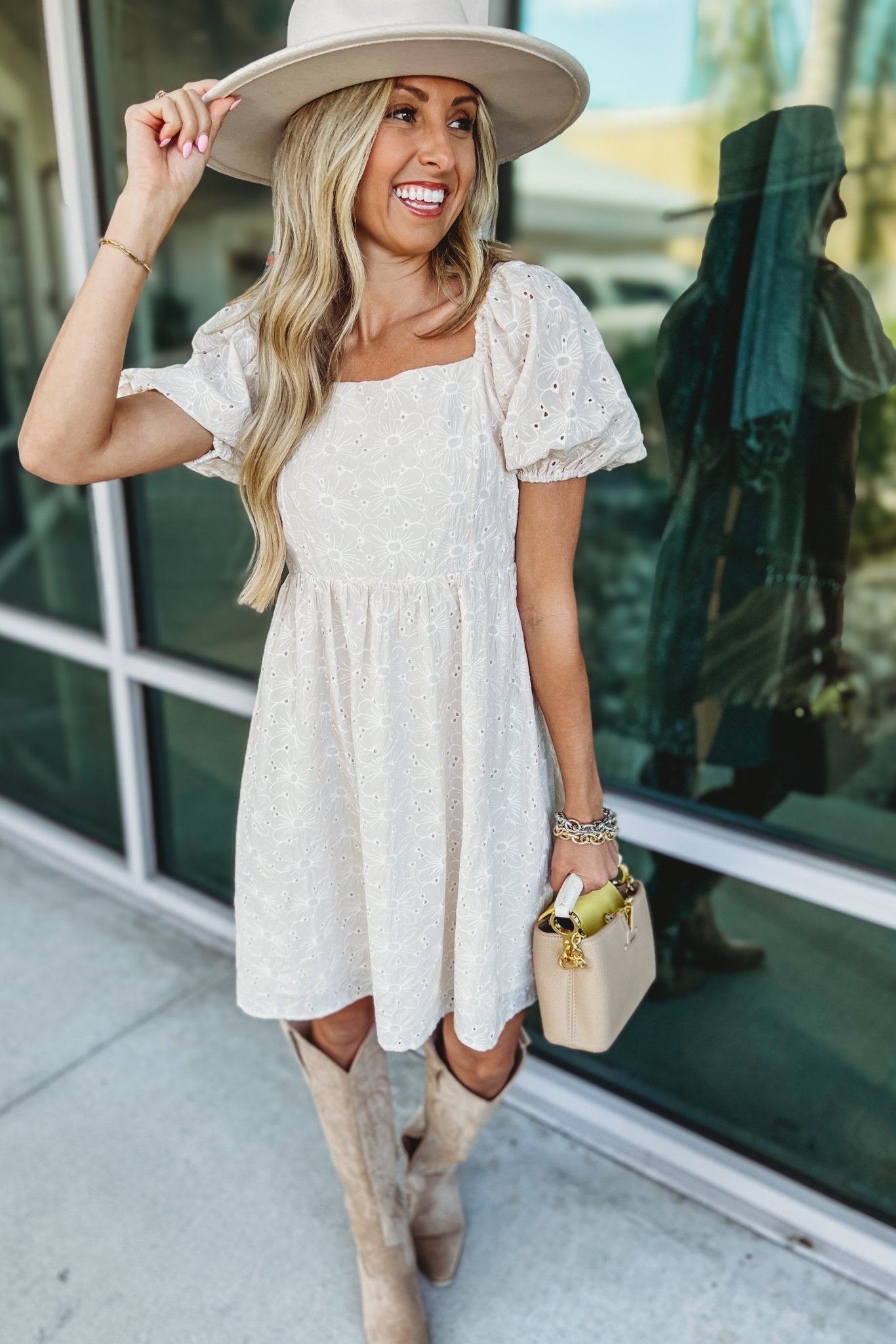 Premium Ivory Meadow Eyelet Puff Sleeve Dress - Ultimate Elegance