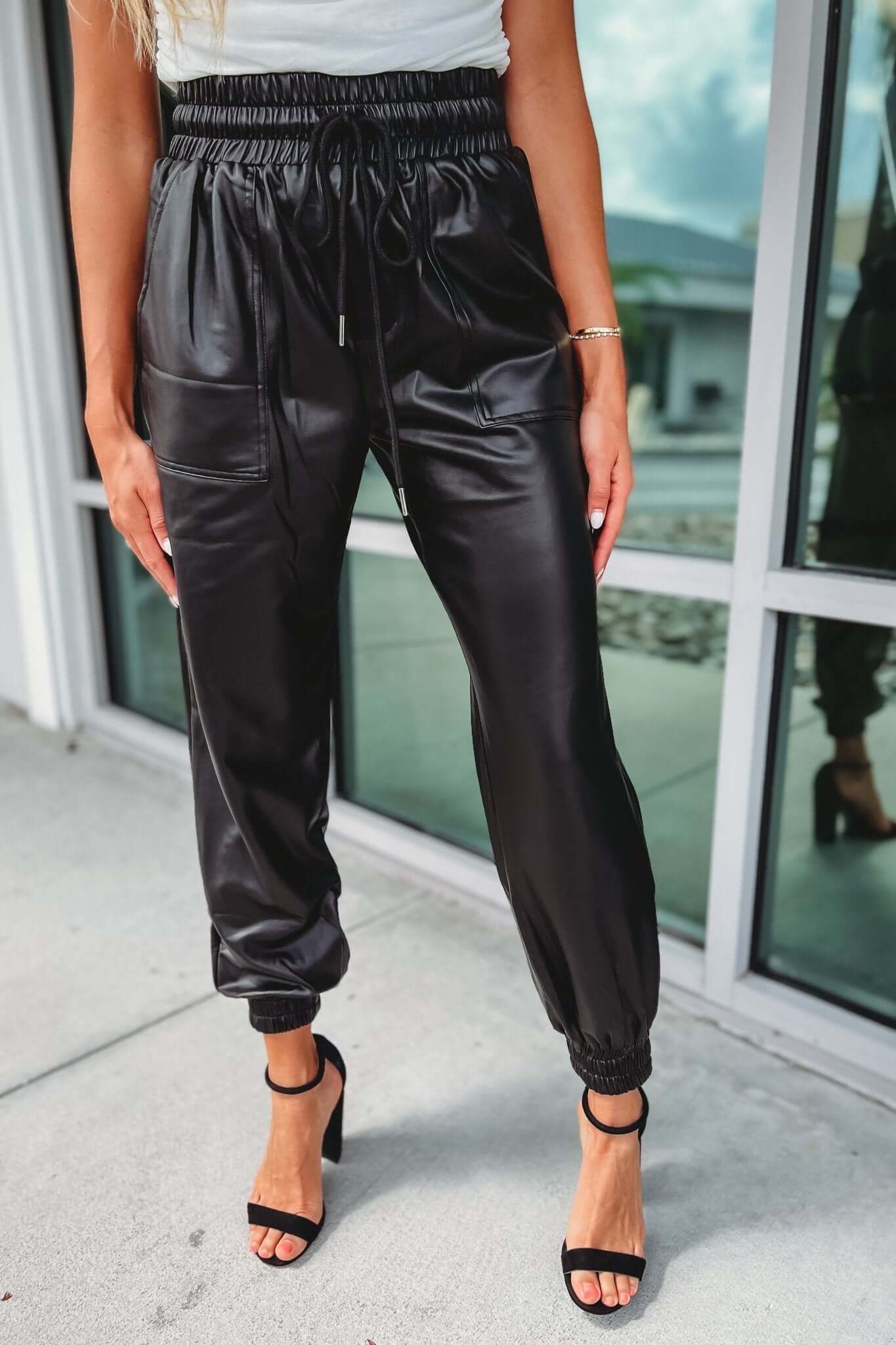 Premium Black Faux Leather Joggers with Pockets