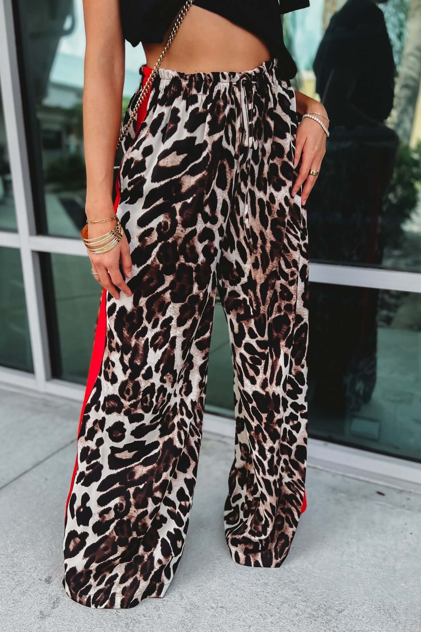 Premium Leopard Print Wide-Leg Pants with Red Stripes