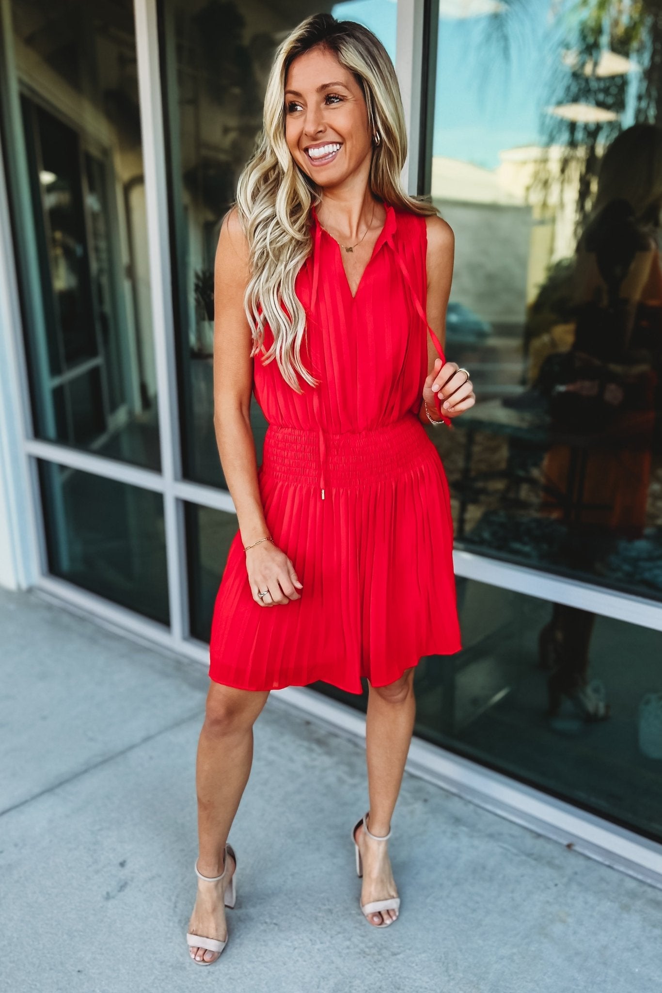 Premium Coral Red Pleated Dress - Where the Heart Is