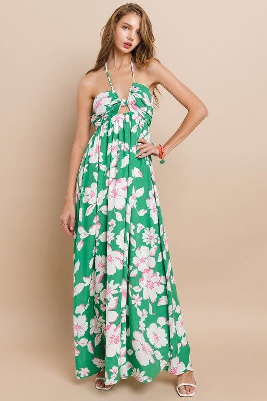 Premium Garden Chic Green Floral Maxi Dress