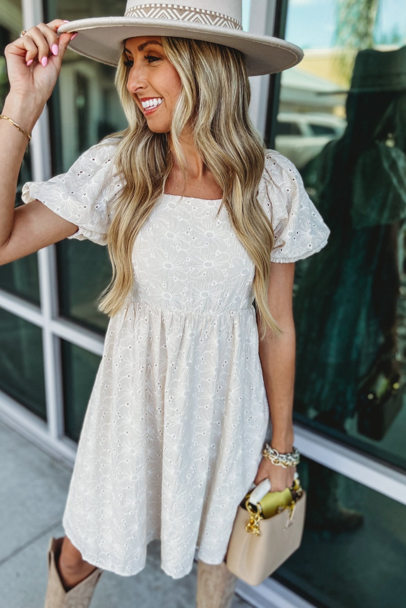 Premium Ivory Meadow Eyelet Puff Sleeve Dress - Ultimate Elegance