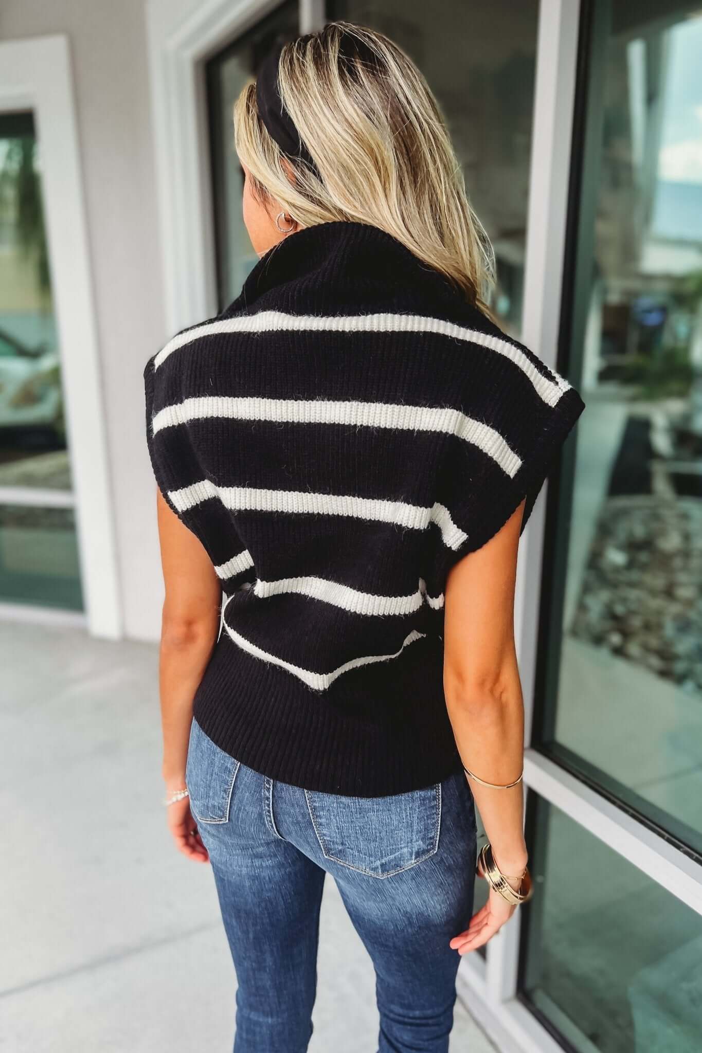 Premium Black Striped Sweater Vest - Timeless Style & Relaxed Fit