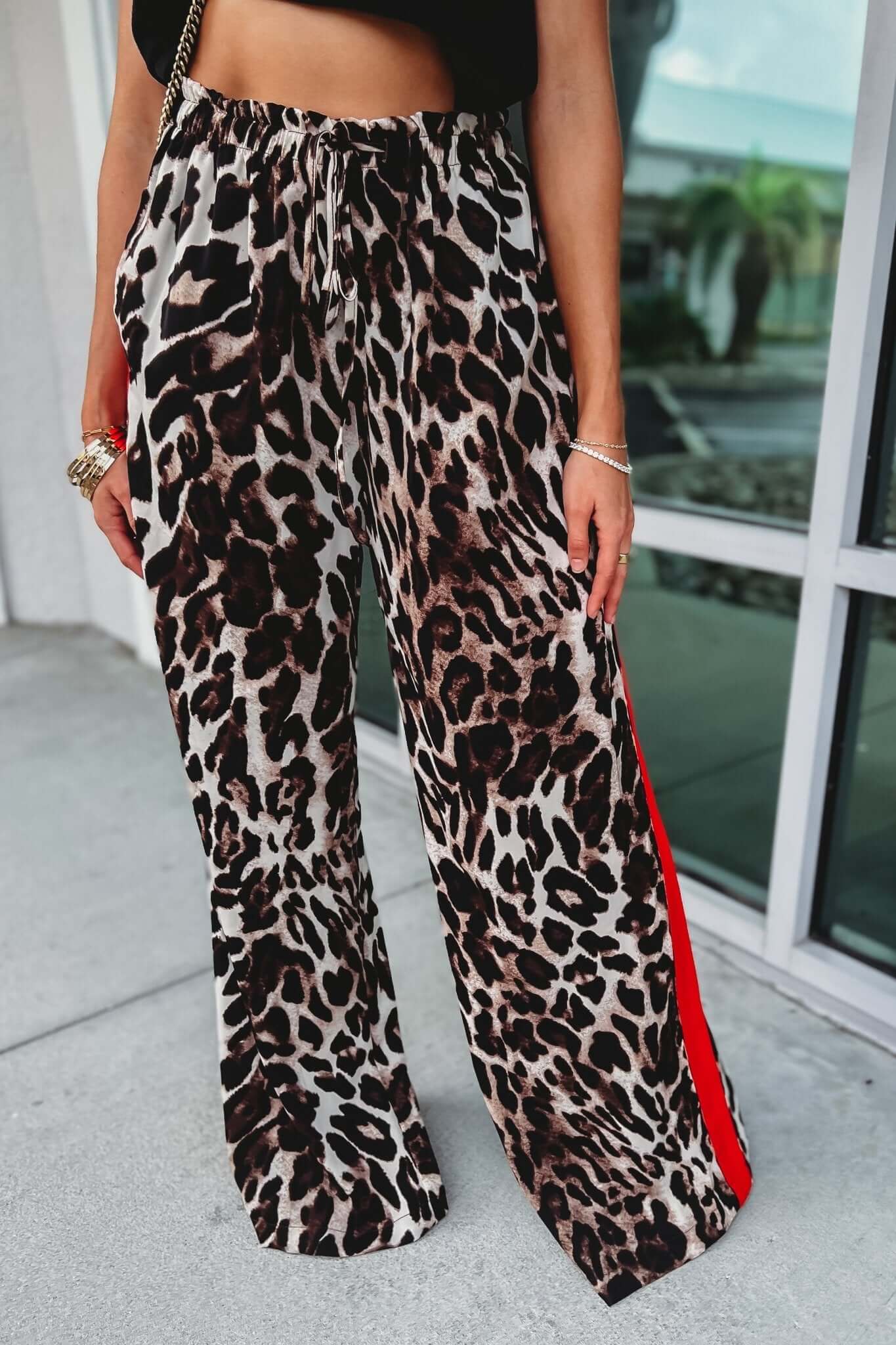 Premium Leopard Print Wide-Leg Pants with Red Stripes