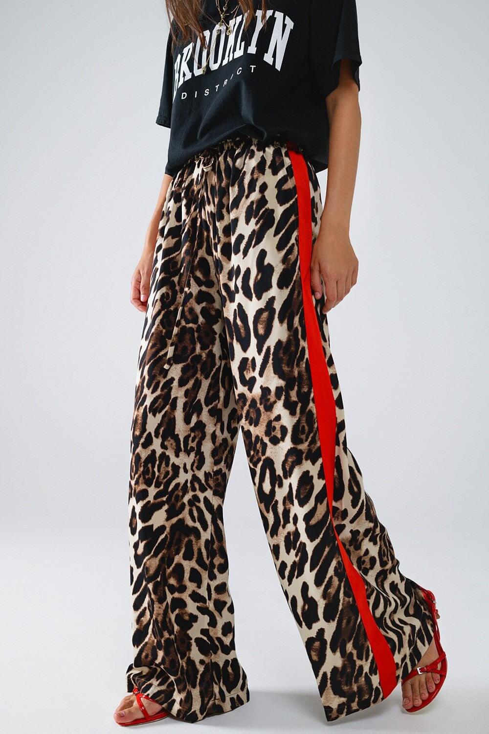 Premium Leopard Print Wide-Leg Pants with Red Stripes