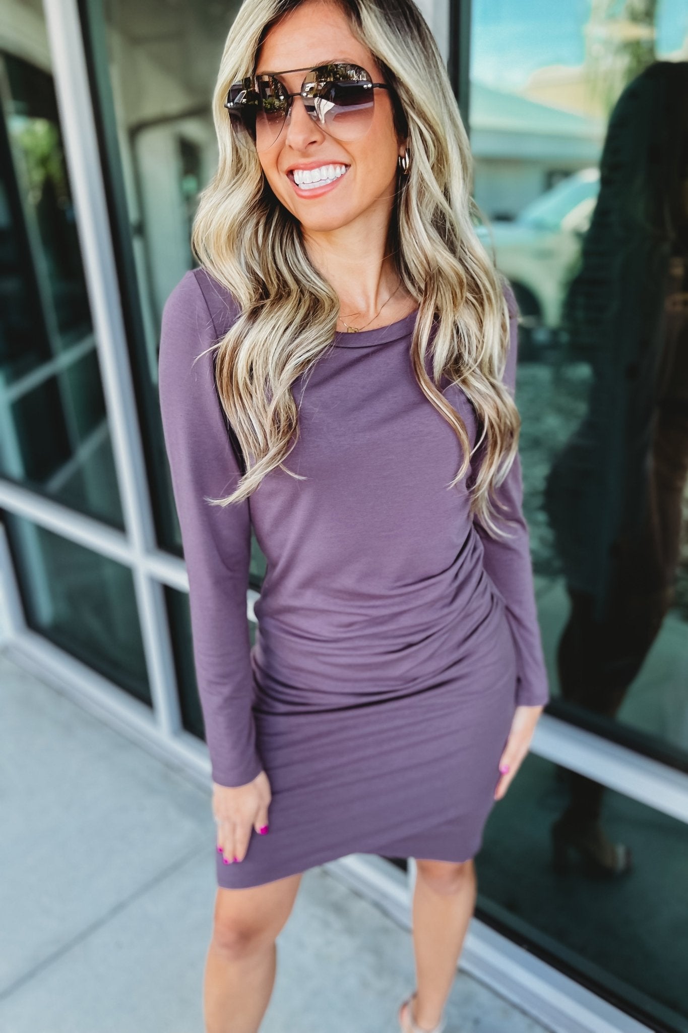 Premium Long Sleeve Tulip Hem Dress in Dusty Purple