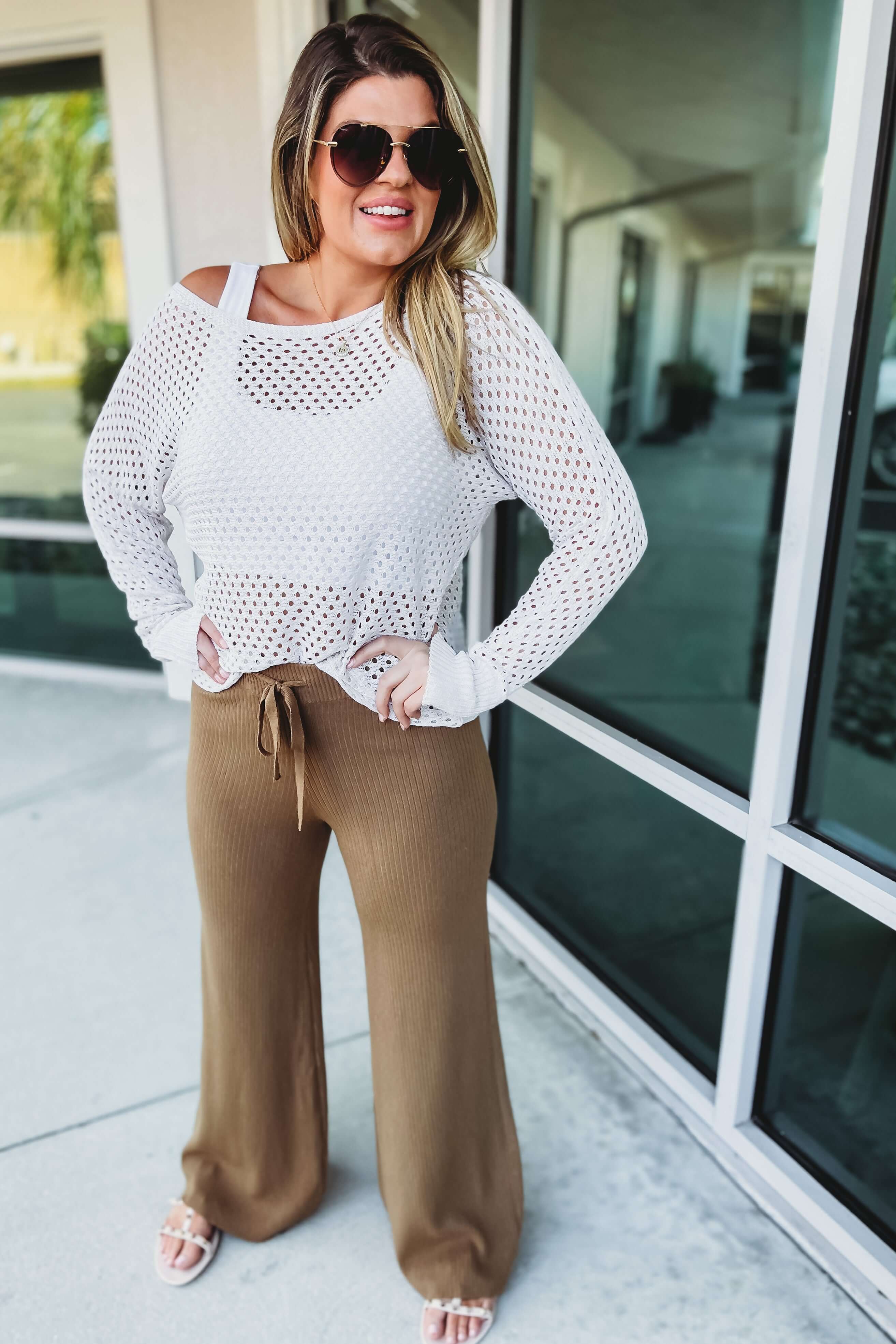 Premium Ribbed High Waist Camel Pants - Ultimate Comfort & Style