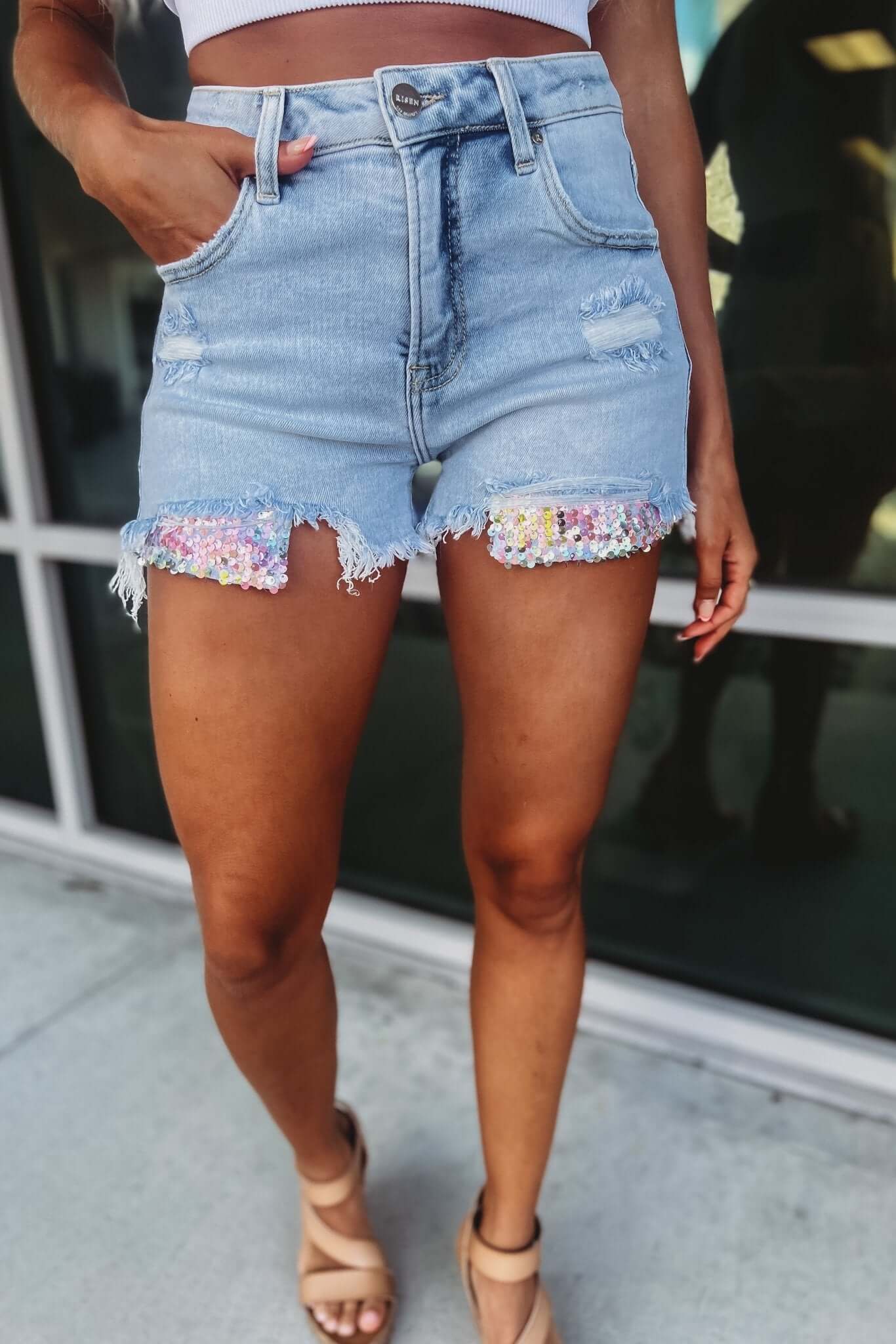 Premium Kylie High Rise Sequin Shorts - Light Wash