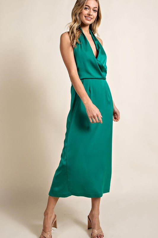 Elegant Open-Back Halter Satin Dress in Green