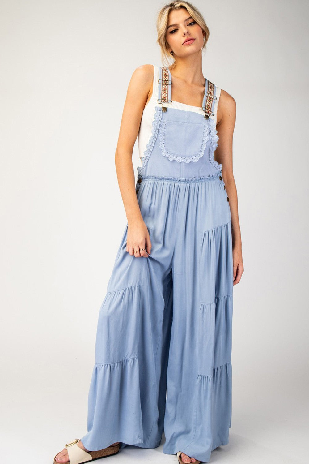 Premium Boho Lace Trim Wide Leg Overalls in Light Blue