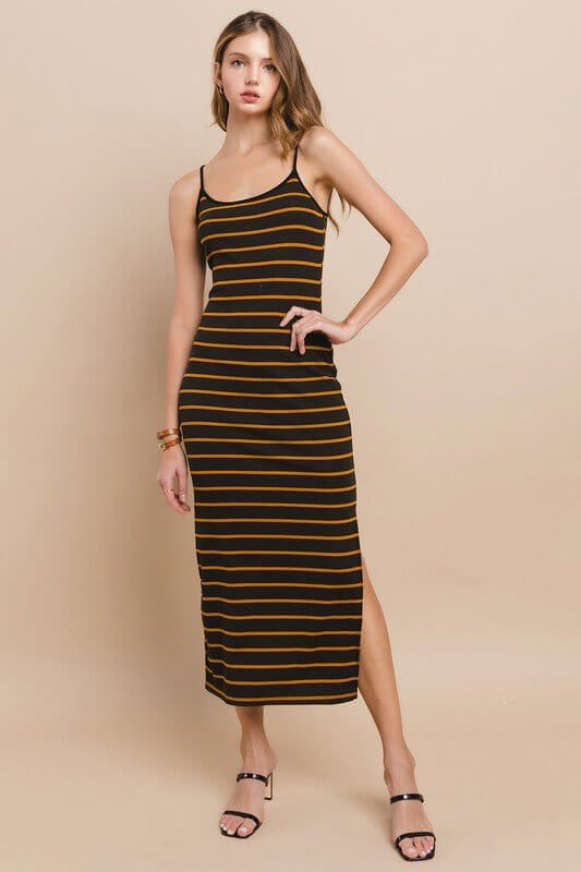 Premium Dark Olive Striped Midi Dress