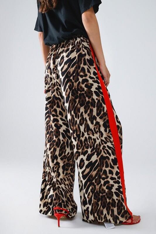 Premium Leopard Print Wide-Leg Pants with Red Stripes