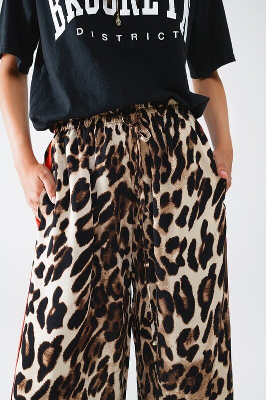 Premium Leopard Print Wide-Leg Pants with Red Stripes