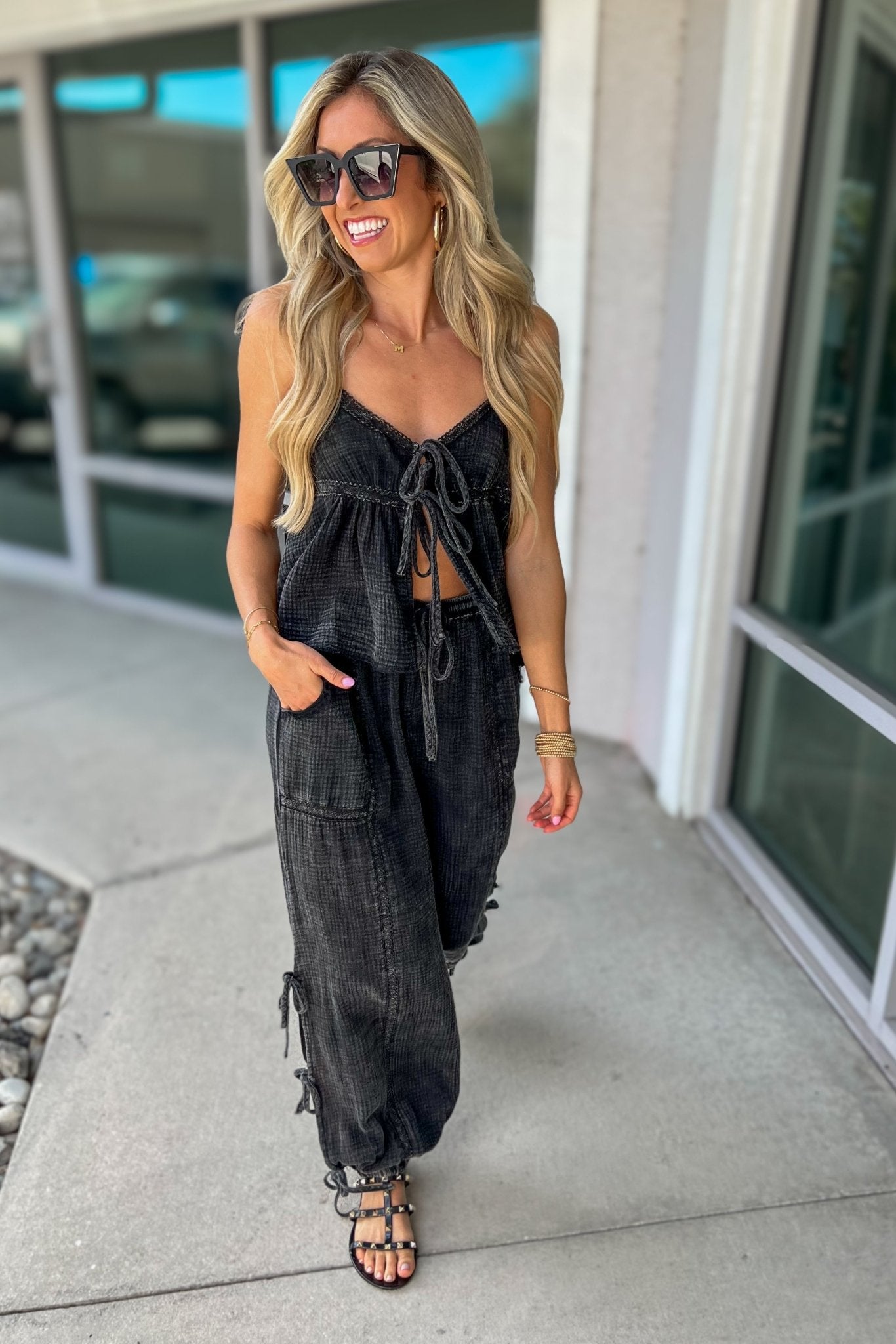 Premium Luna Tie-Front Boho Top in Ash Black