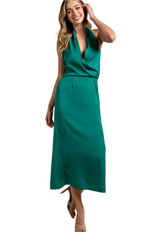 Elegant Open-Back Halter Satin Dress in Green