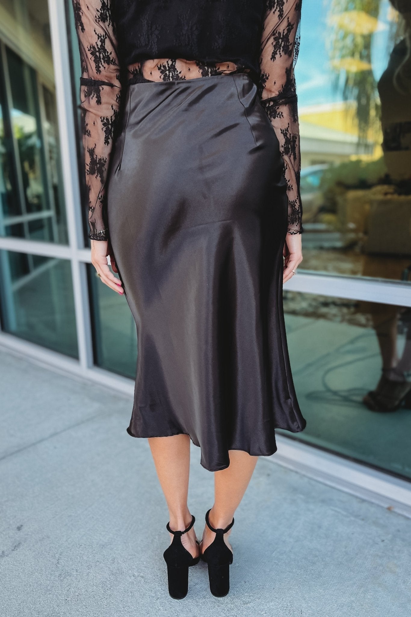 Premium Black Satin Midi Skirt - Ultimate Elegance