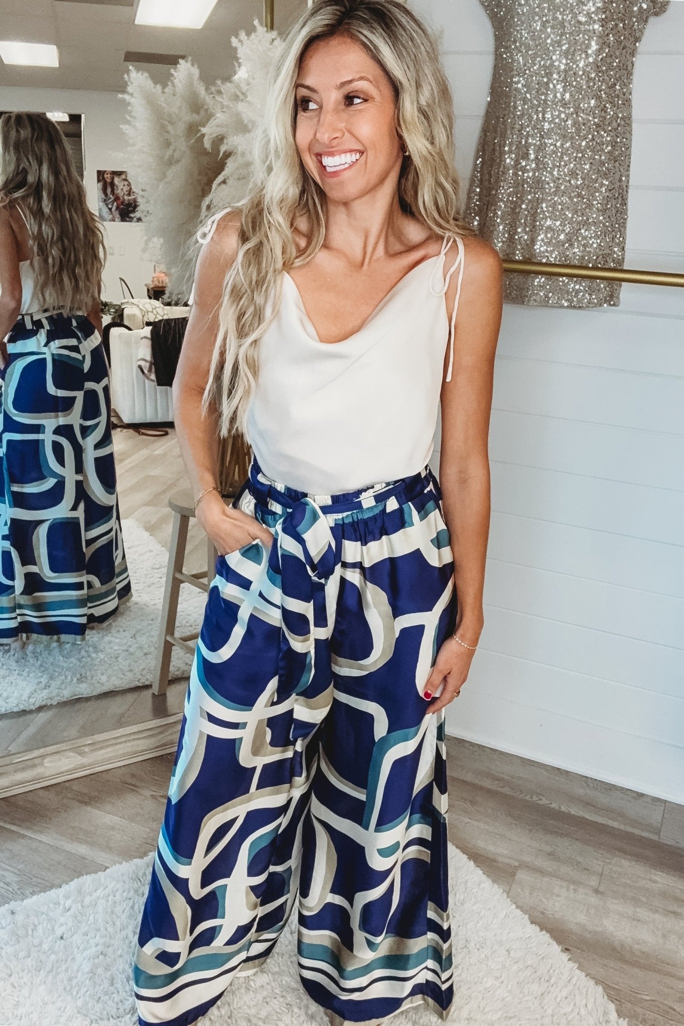 Premium Blue Abstract Silky Wide Leg Pants - Ultimate Comfort & Style