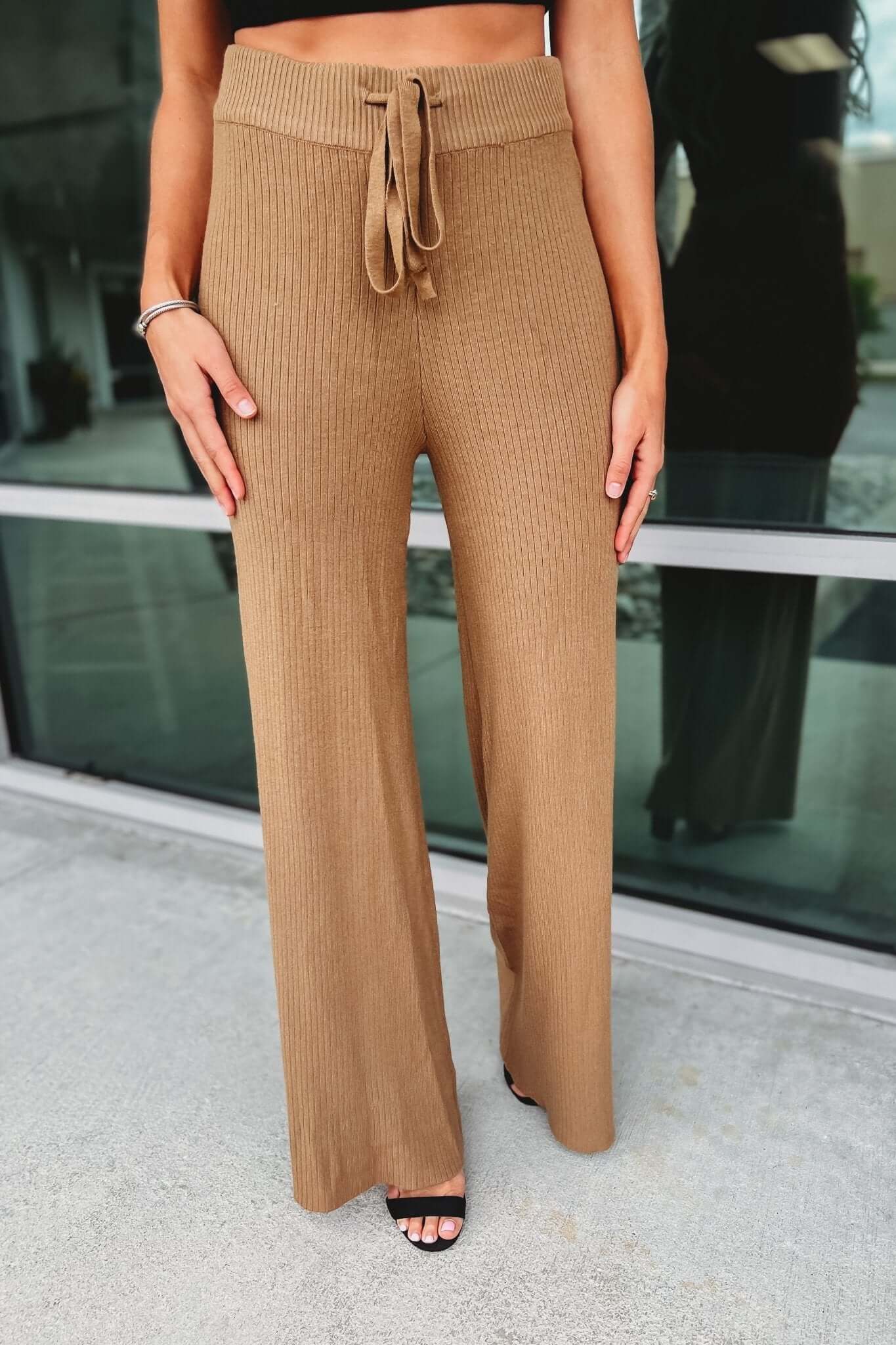 Premium Ribbed High Waist Camel Pants - Ultimate Comfort & Style