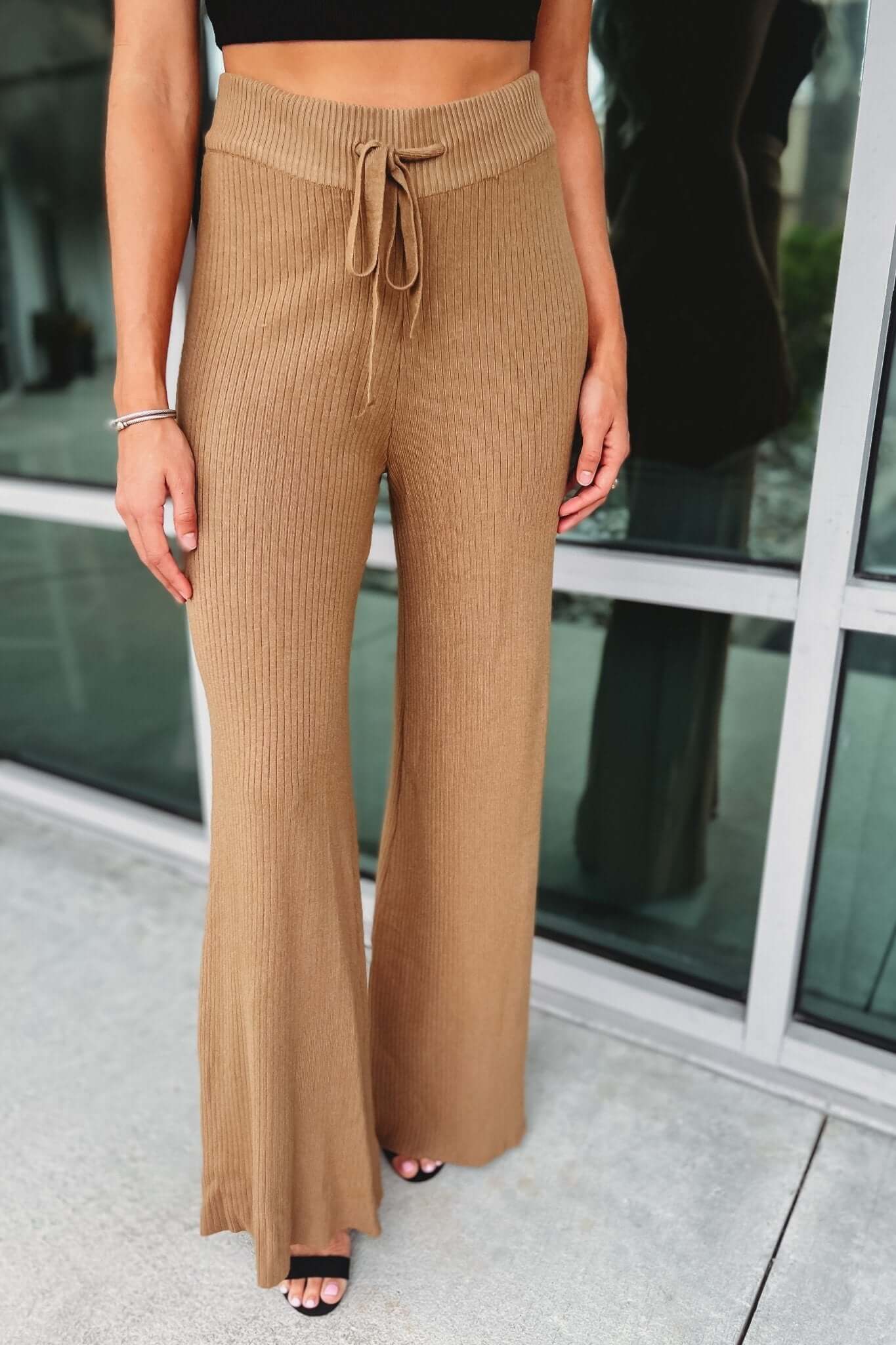 Premium Ribbed High Waist Camel Pants - Ultimate Comfort & Style