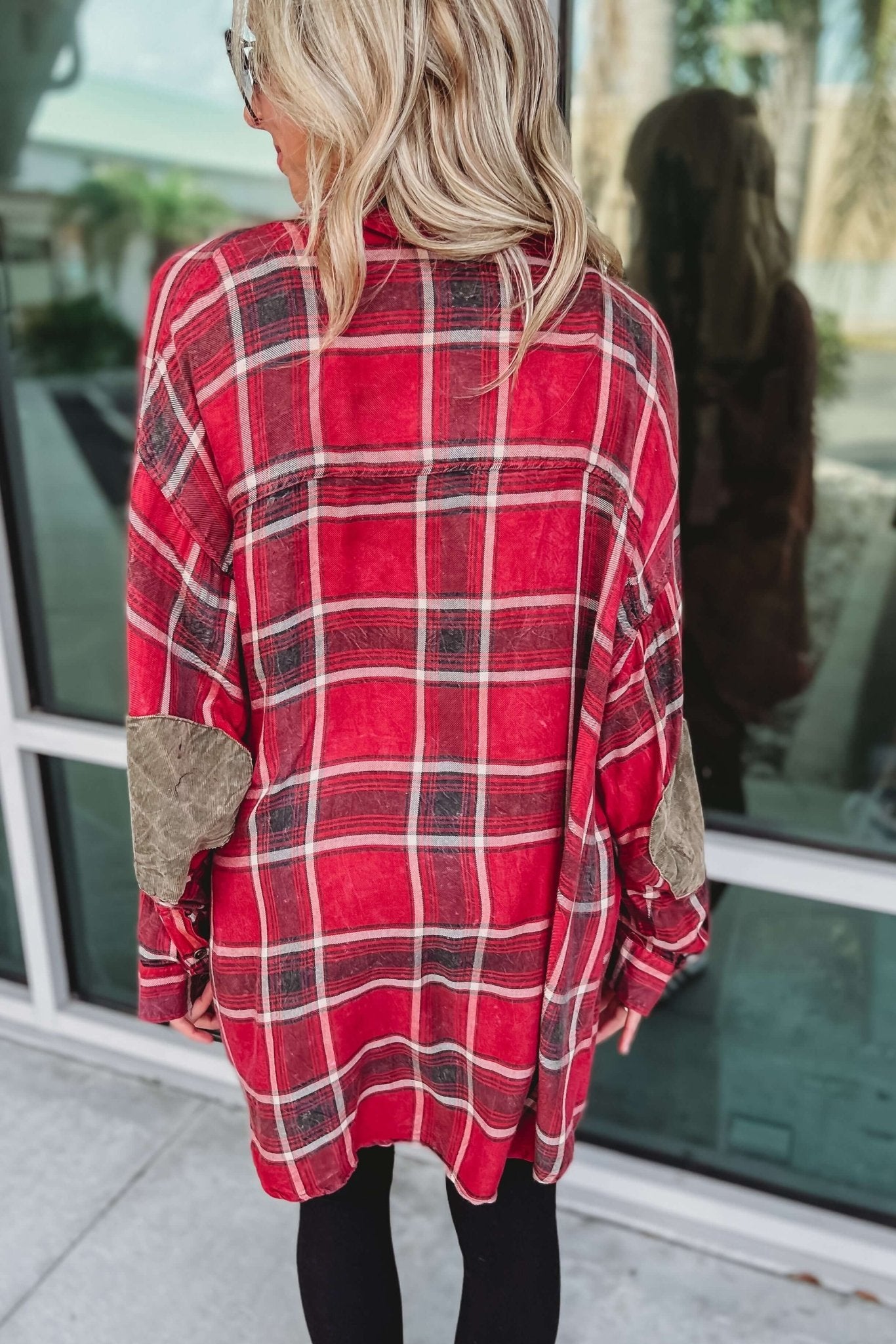 Premium Fall Chic Plaid Oversized Top with Stylish Elbow Patches