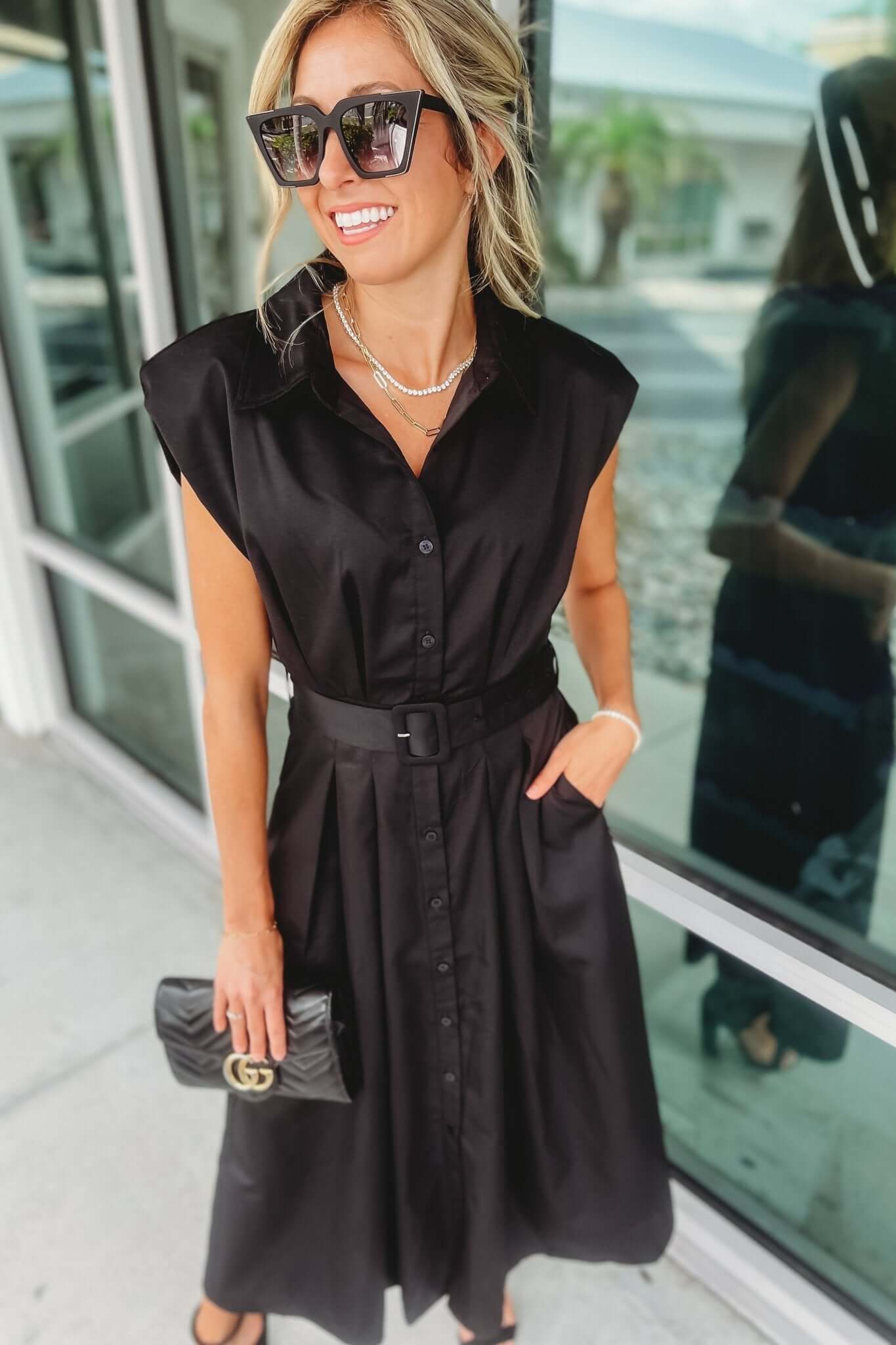 Premium Tea Party Collared Belted Black Midi Dress - Ultimate Style Upgrade