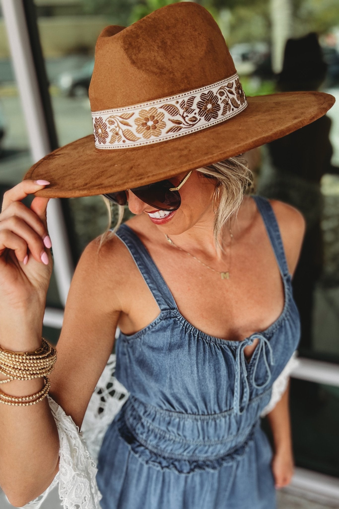 Premium Brown Flower Ribbon Fedora Hat