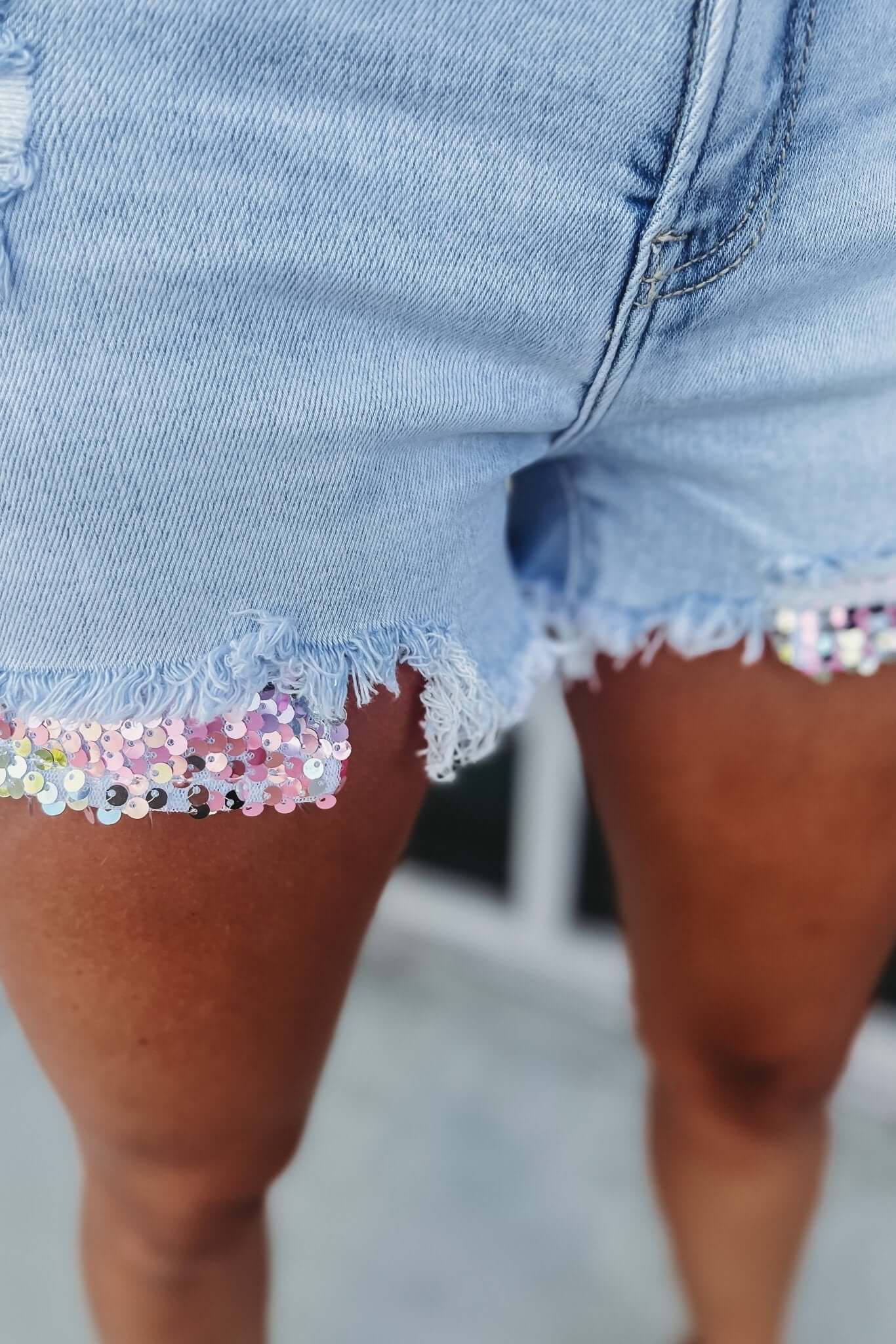 Premium Kylie High Rise Sequin Shorts - Light Wash