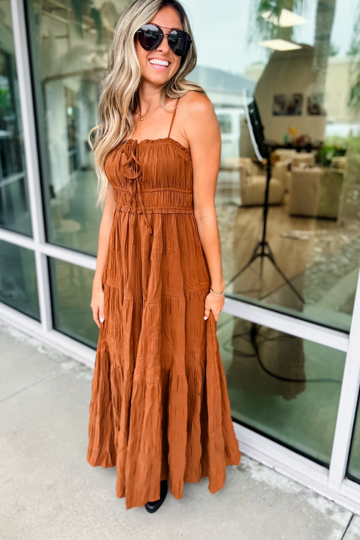 Elegant Crinkle Textured Front Tie Maxi Dress