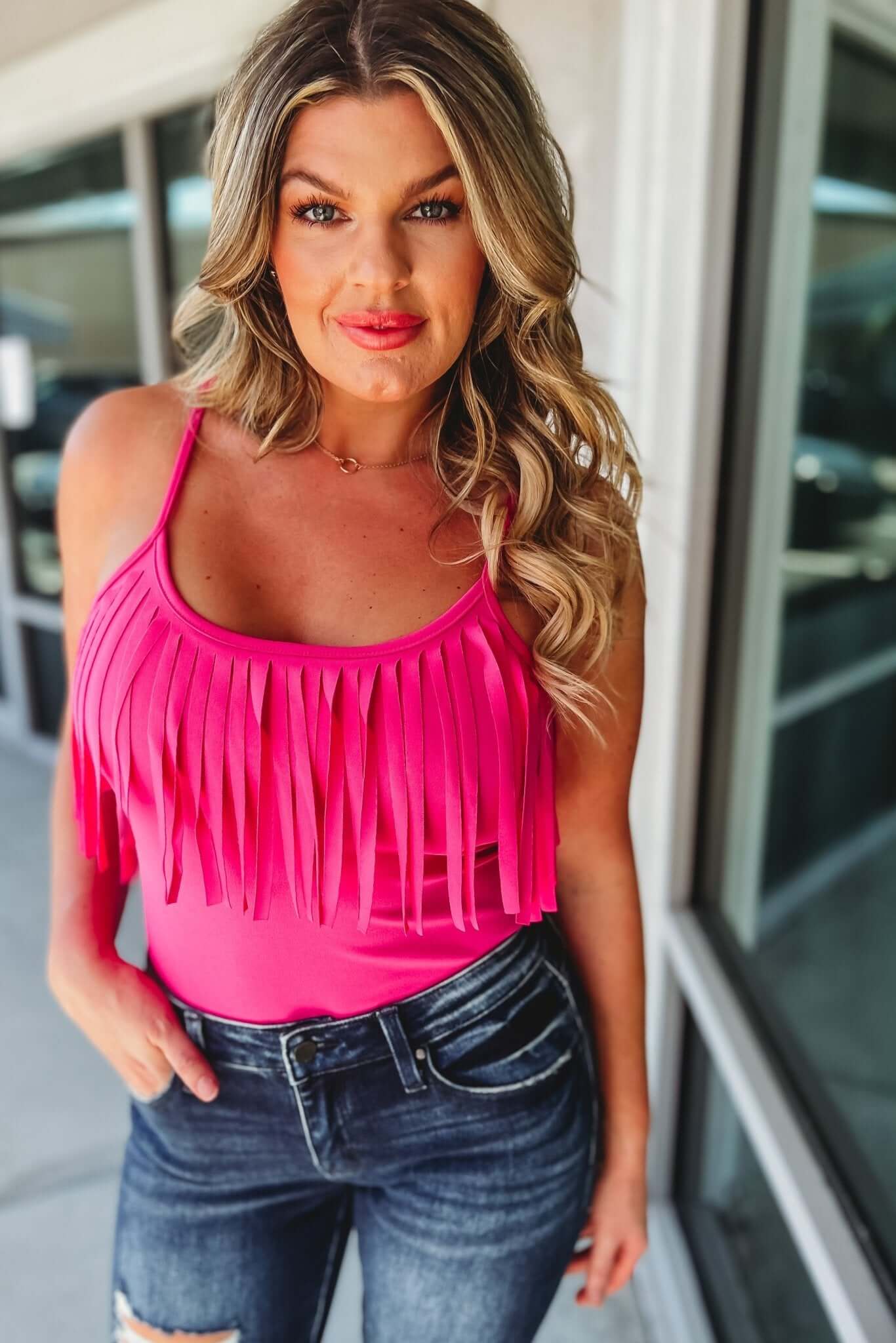Premium Country Vibes Fringe Bodysuit - Size S (Pink)