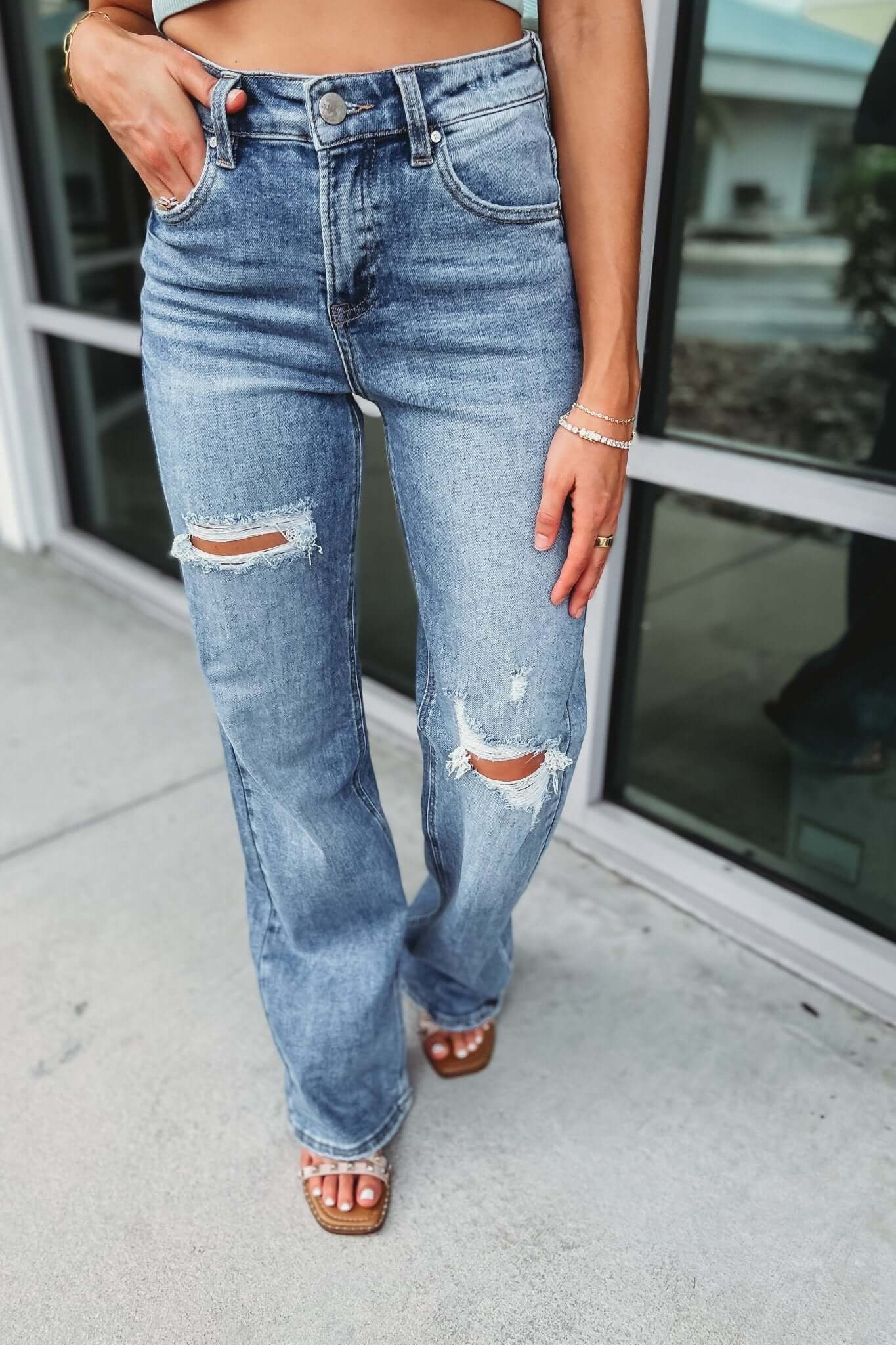 Premium RISEN Stella High Rise Wide Leg Distressed Jeans - Upgrade Your Style