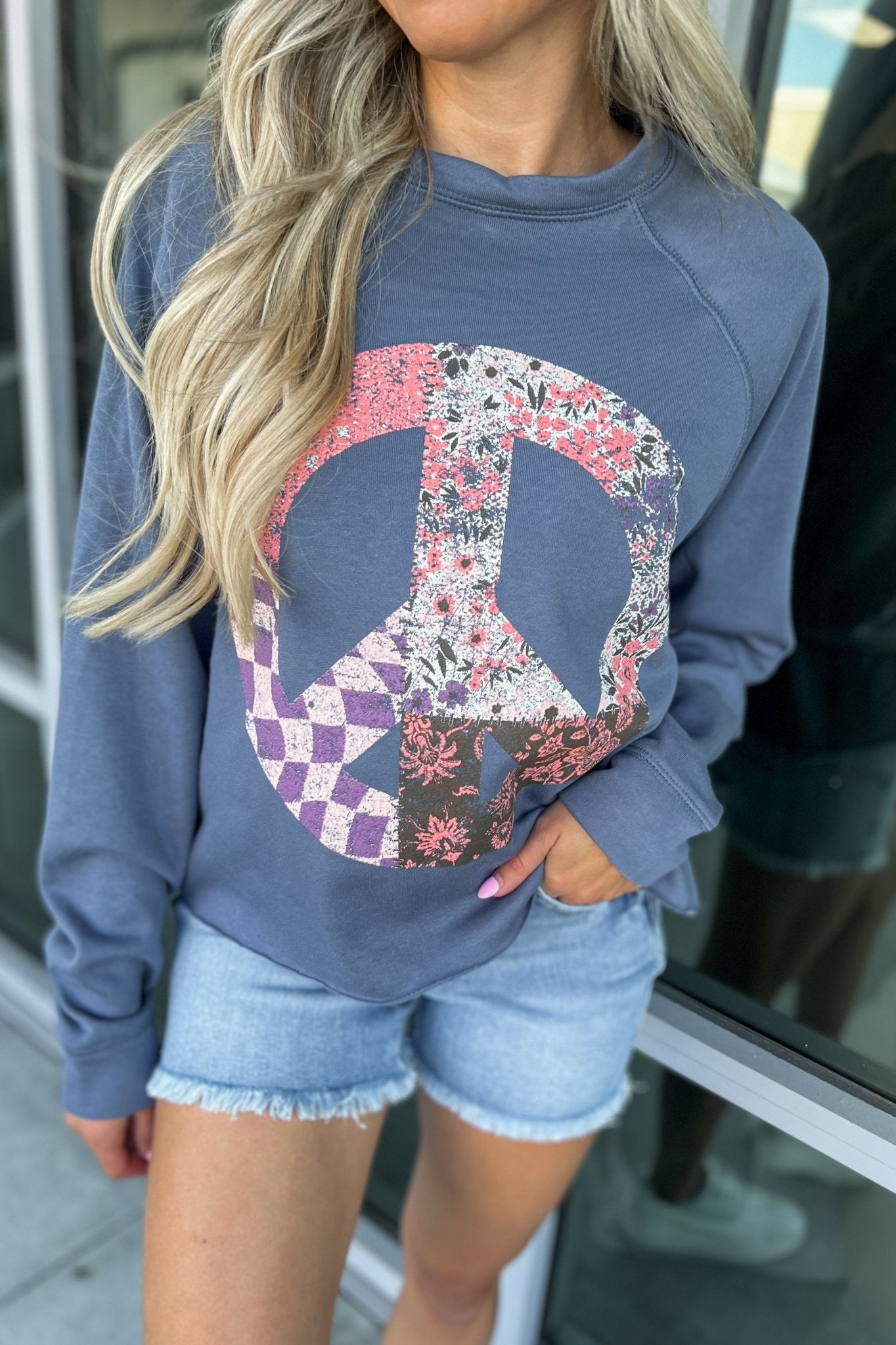 Ultimate Peace & Love Blue Floral Raw Hem Cropped Sweatshirt