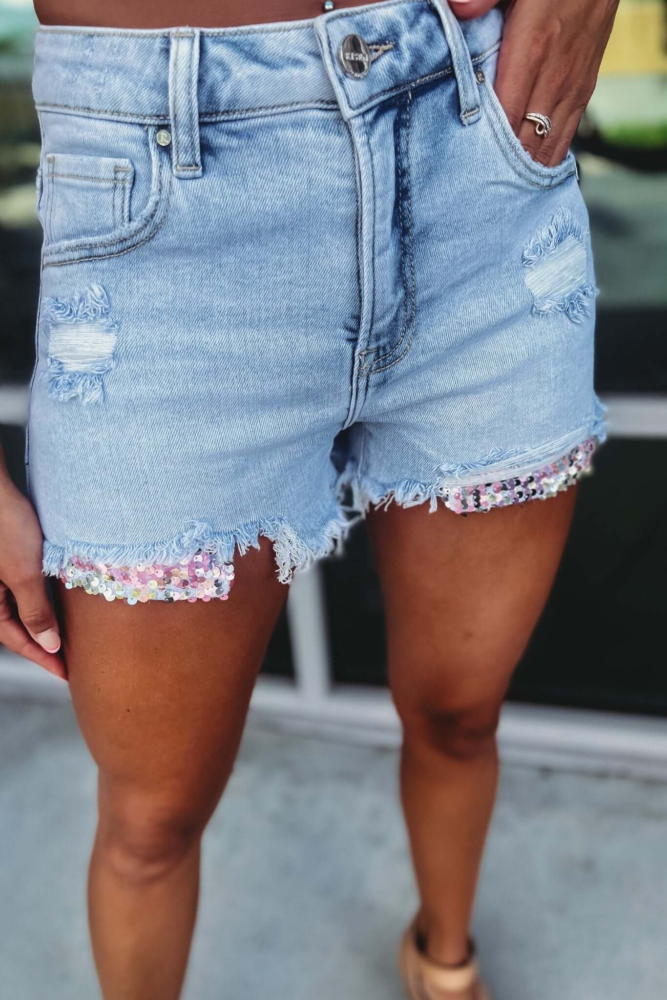 Premium Kylie High Rise Sequin Shorts - Light Wash