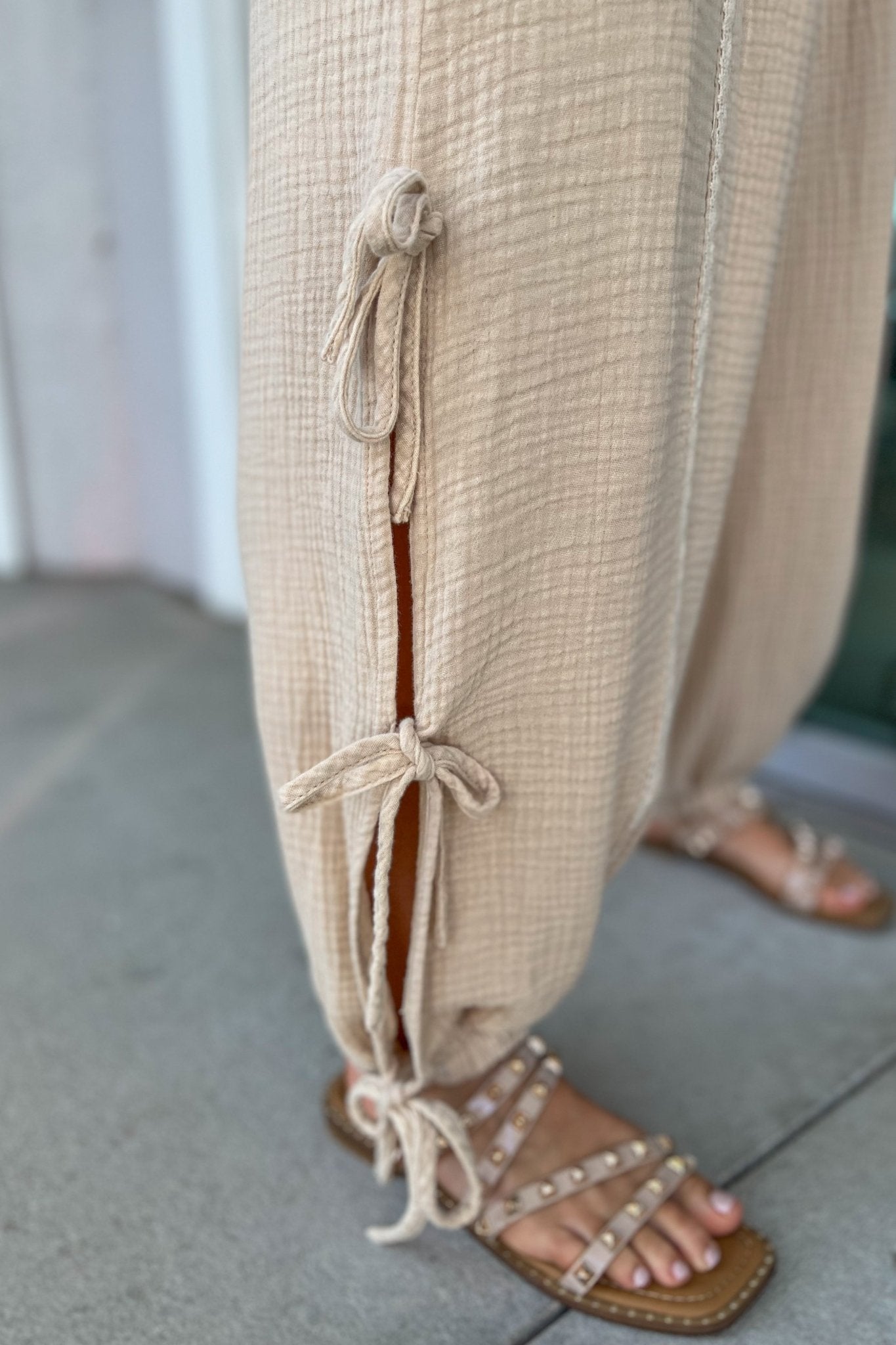 Premium Luna Mineral Washed Ribbon Tie Pants in Oatmeal - Ultimate Comfort & Style