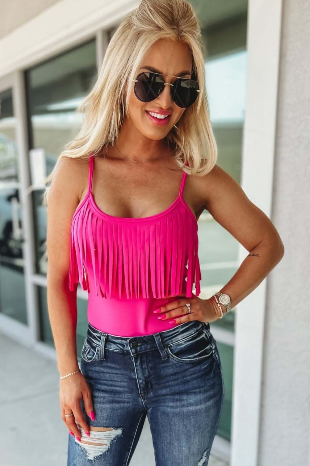 Premium Country Vibes Fringe Bodysuit - Size S (Pink)
