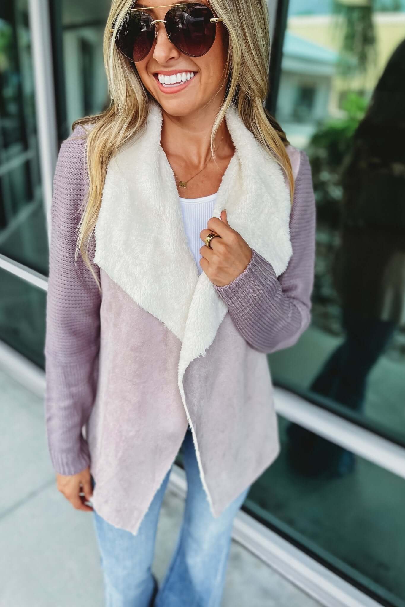 Premium Mauve Faux Fur Suede Cardigan Jacket