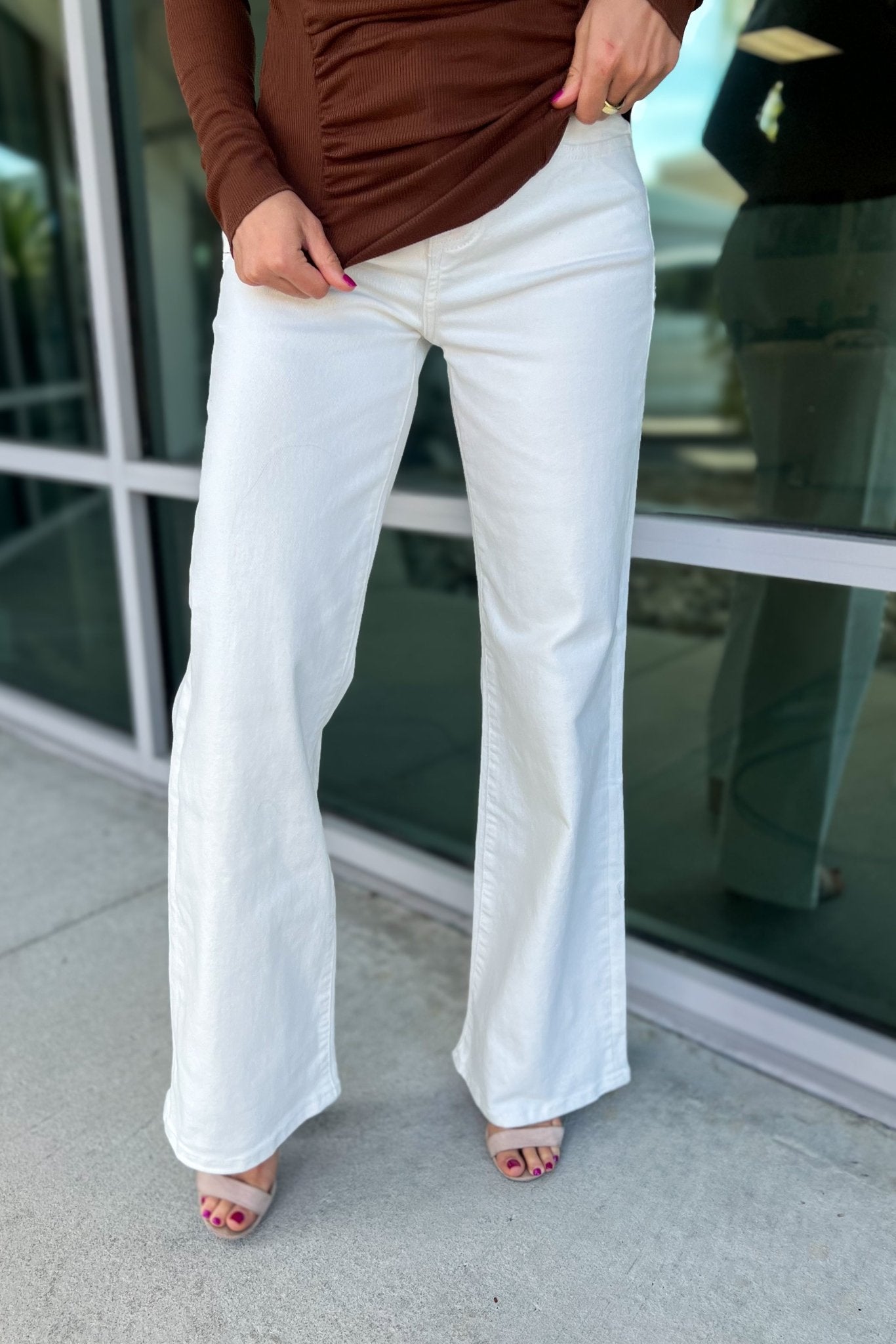 Premium RISEN Violet High Rise Tummy Control Wide Leg Jeans - White