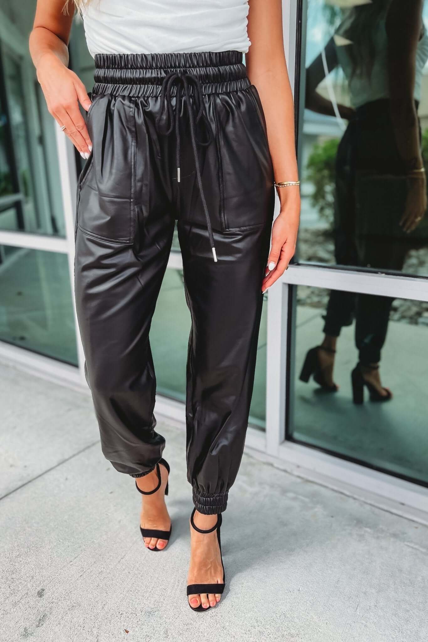Premium Black Faux Leather Joggers with Pockets