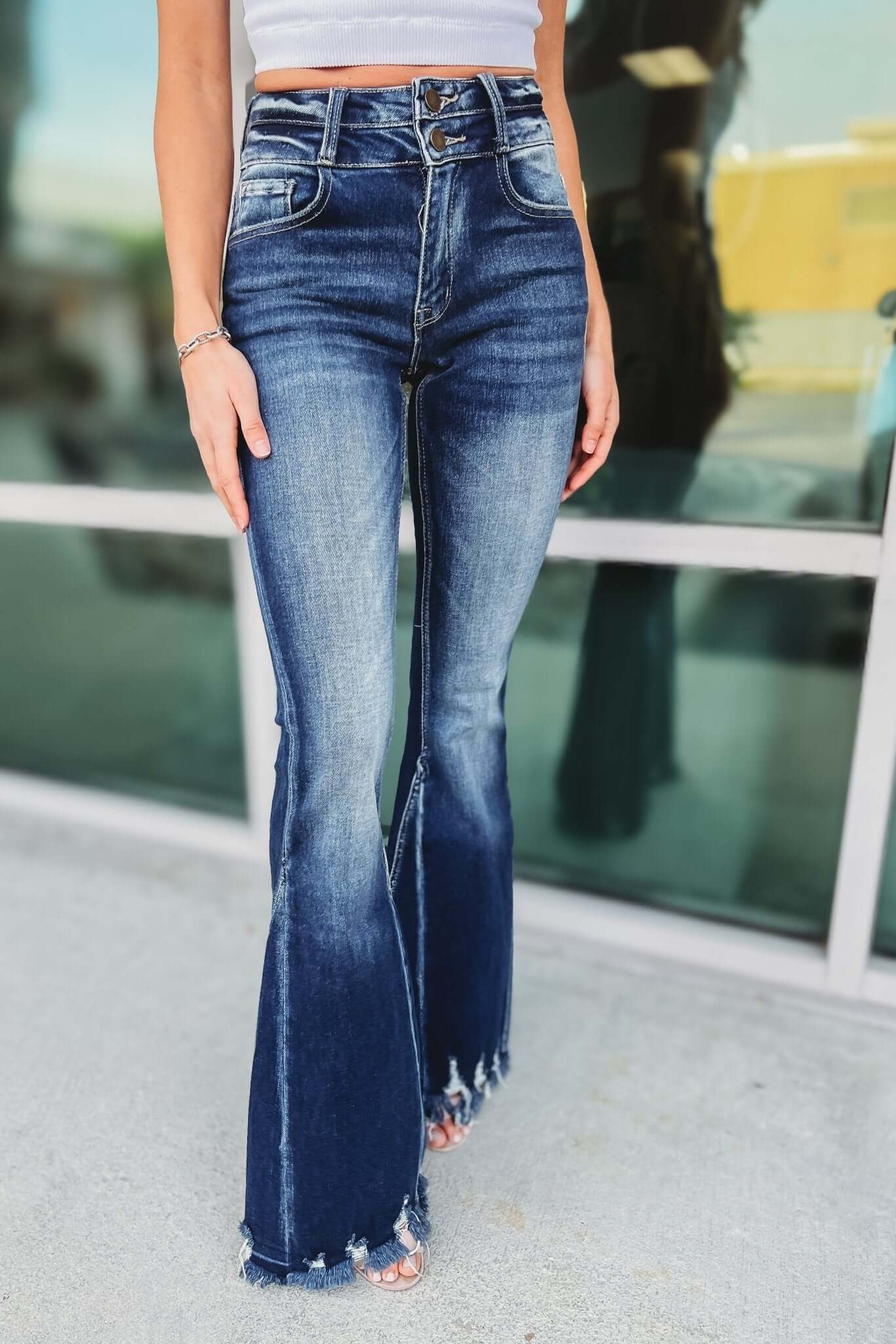 Ultimate Brynn High Rise Flare Jeans - Premium Dark Wash with Distressed Hem