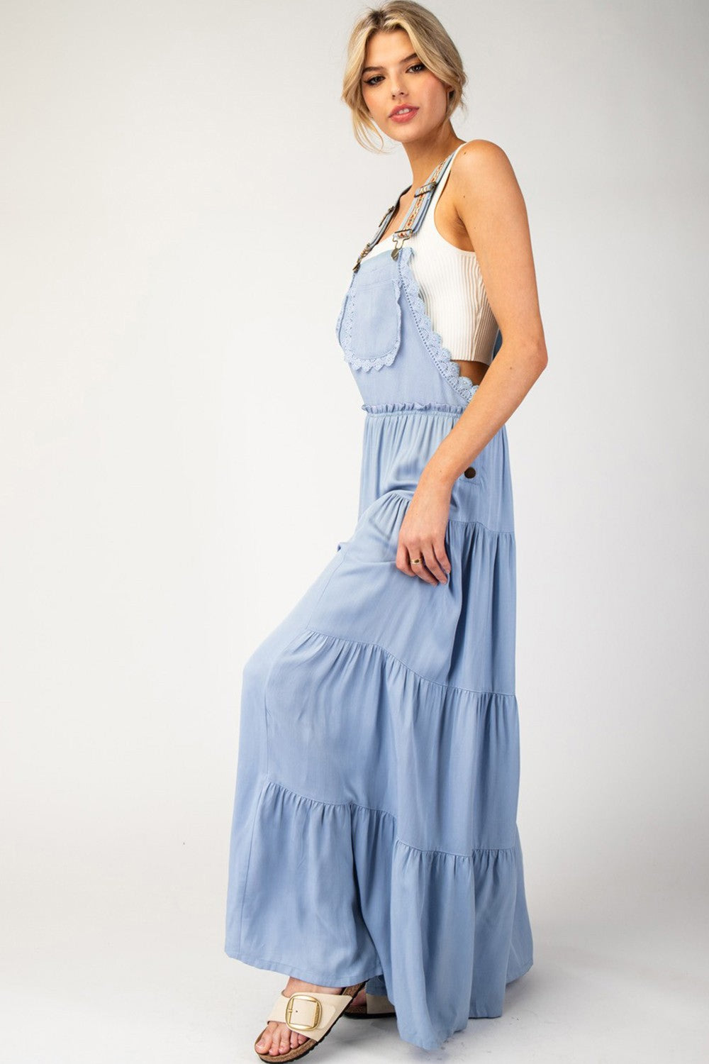 Premium Boho Lace Trim Wide Leg Overalls in Light Blue