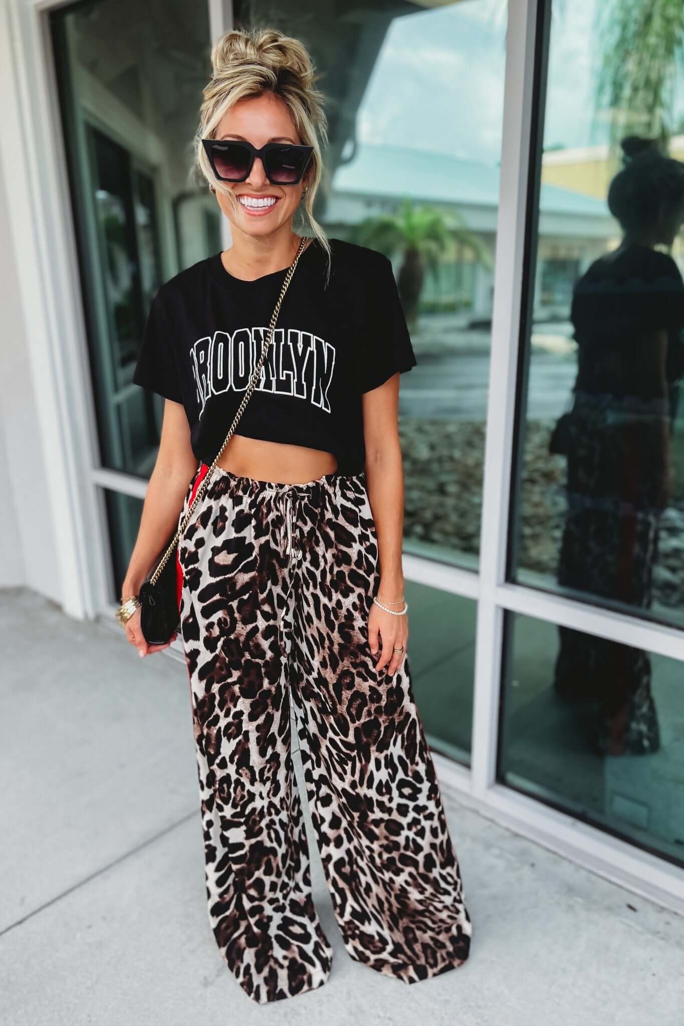 Premium Leopard Print Wide-Leg Pants with Red Stripes