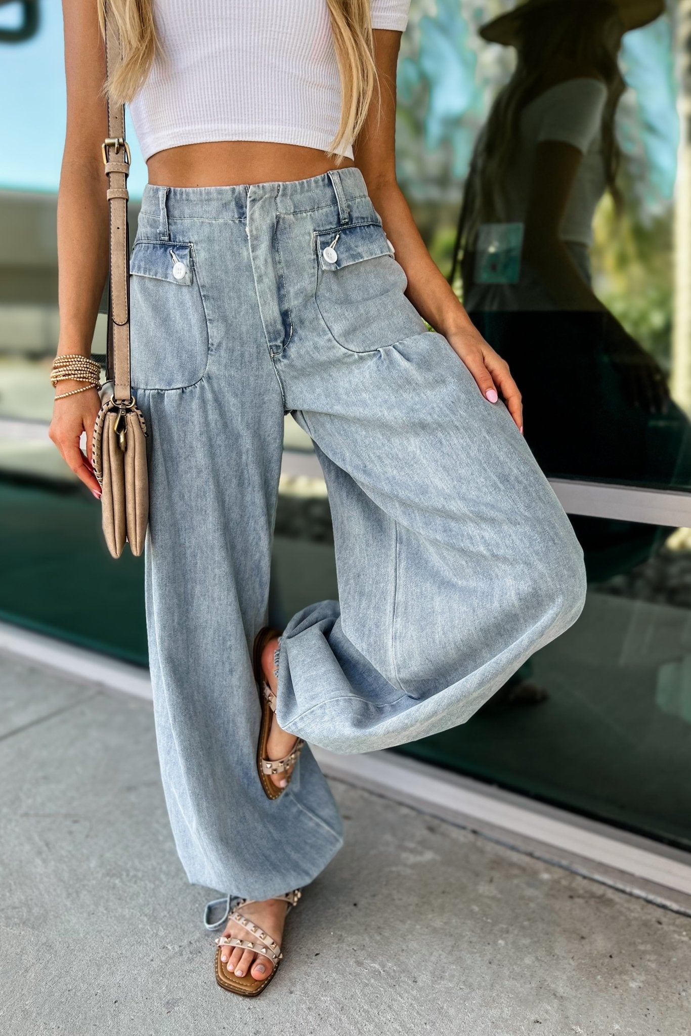 Premium Boho Mineral Washed Denim Wide-Leg Pants