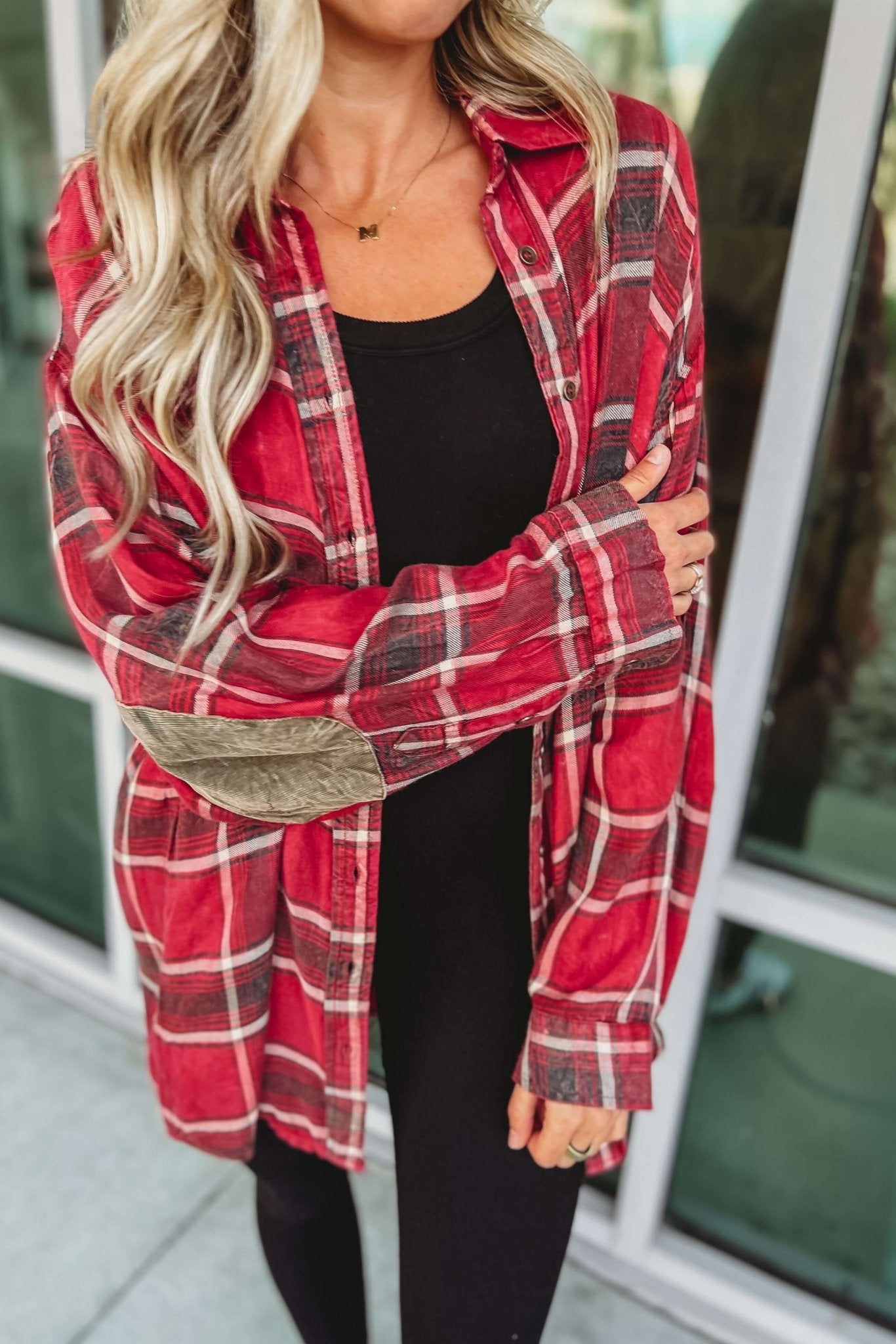 Premium Fall Chic Plaid Oversized Top with Stylish Elbow Patches