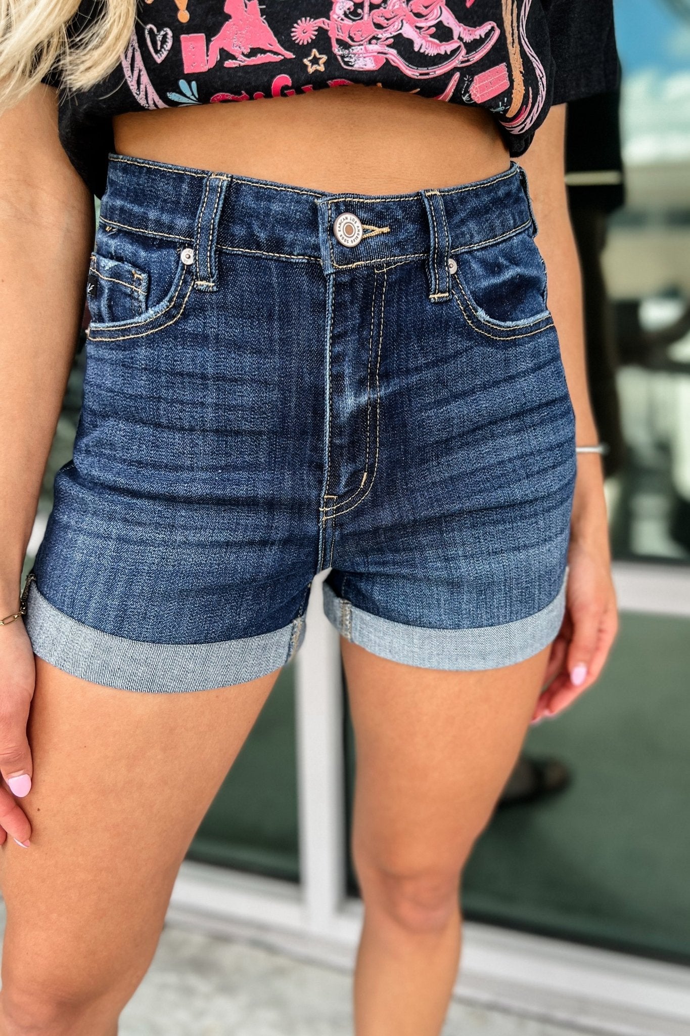 Premium KANCAN Chloe High-Rise Denim Shorts - Dark Wash