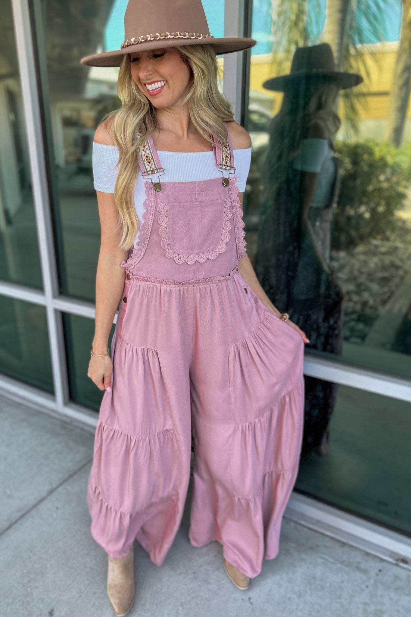 Premium Boho Lace Trim Wide Leg Overalls - Rose Pink