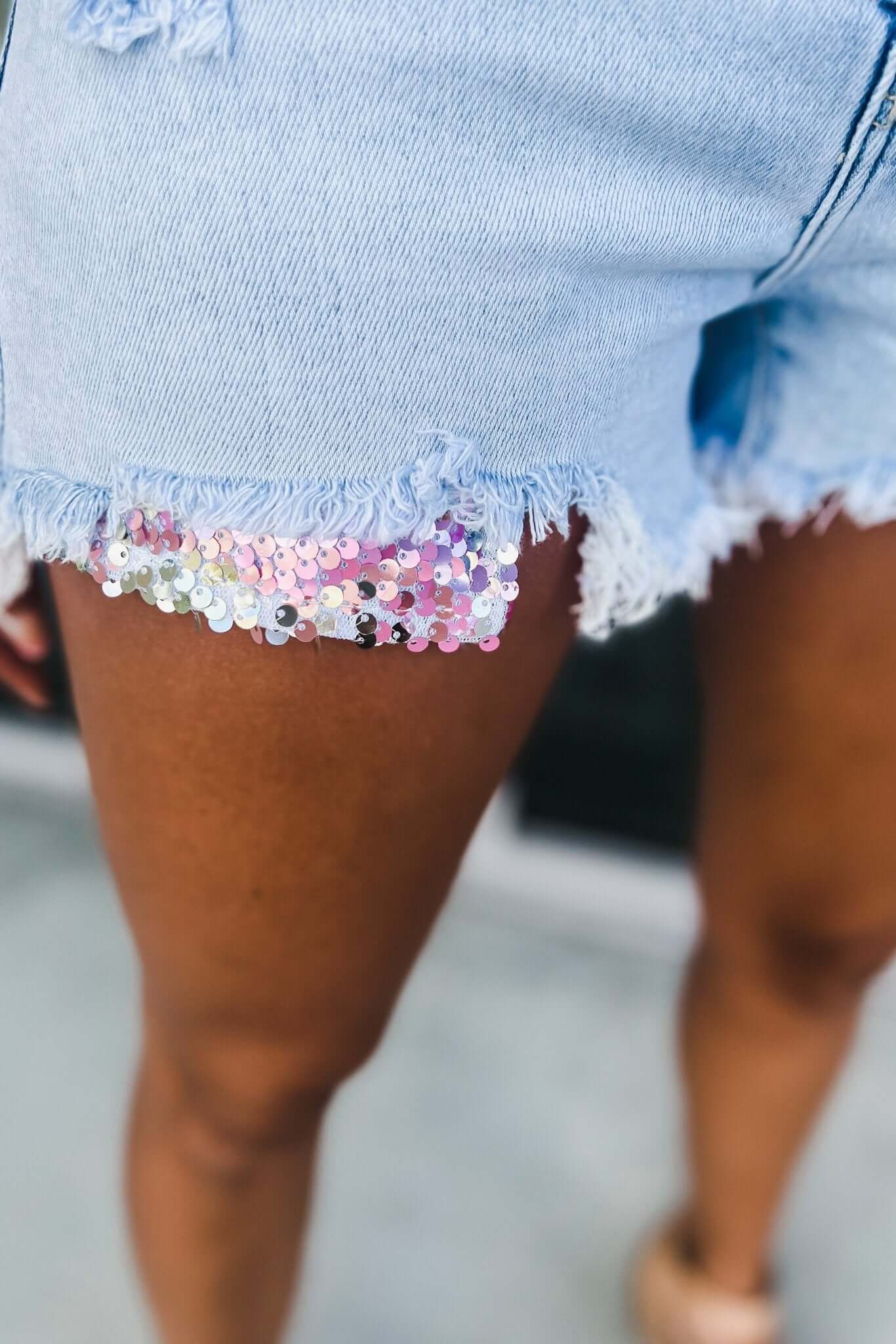 Premium Kylie High Rise Sequin Shorts - Light Wash