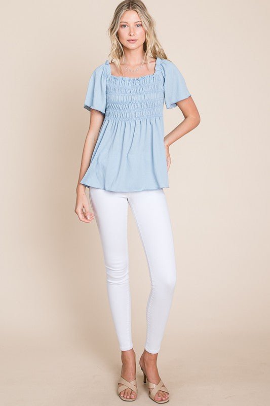 Premium Breezy Charm Blue Smocked Top - Ultimate Comfort & Style