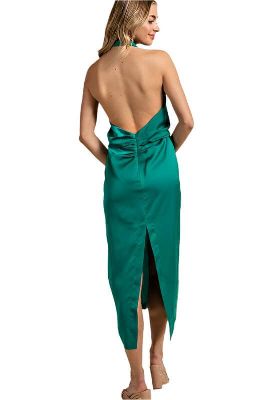 Elegant Open-Back Halter Satin Dress in Green